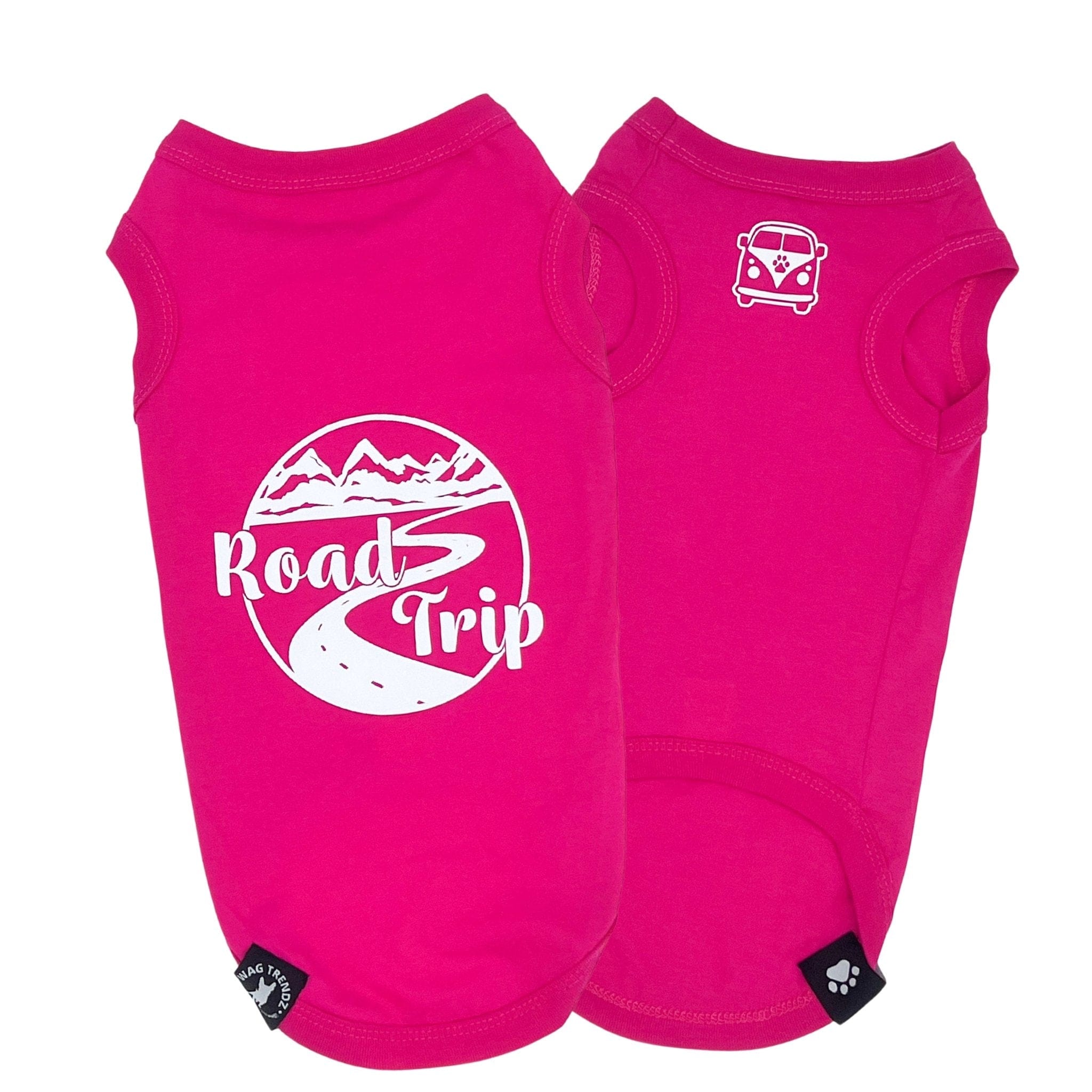 Dog T-Shirt - Road Trip - Pink T-Shirts with Road Trip Mountain View on back with VW Bus emoji on chest side - against solid white background - Wag Trendz