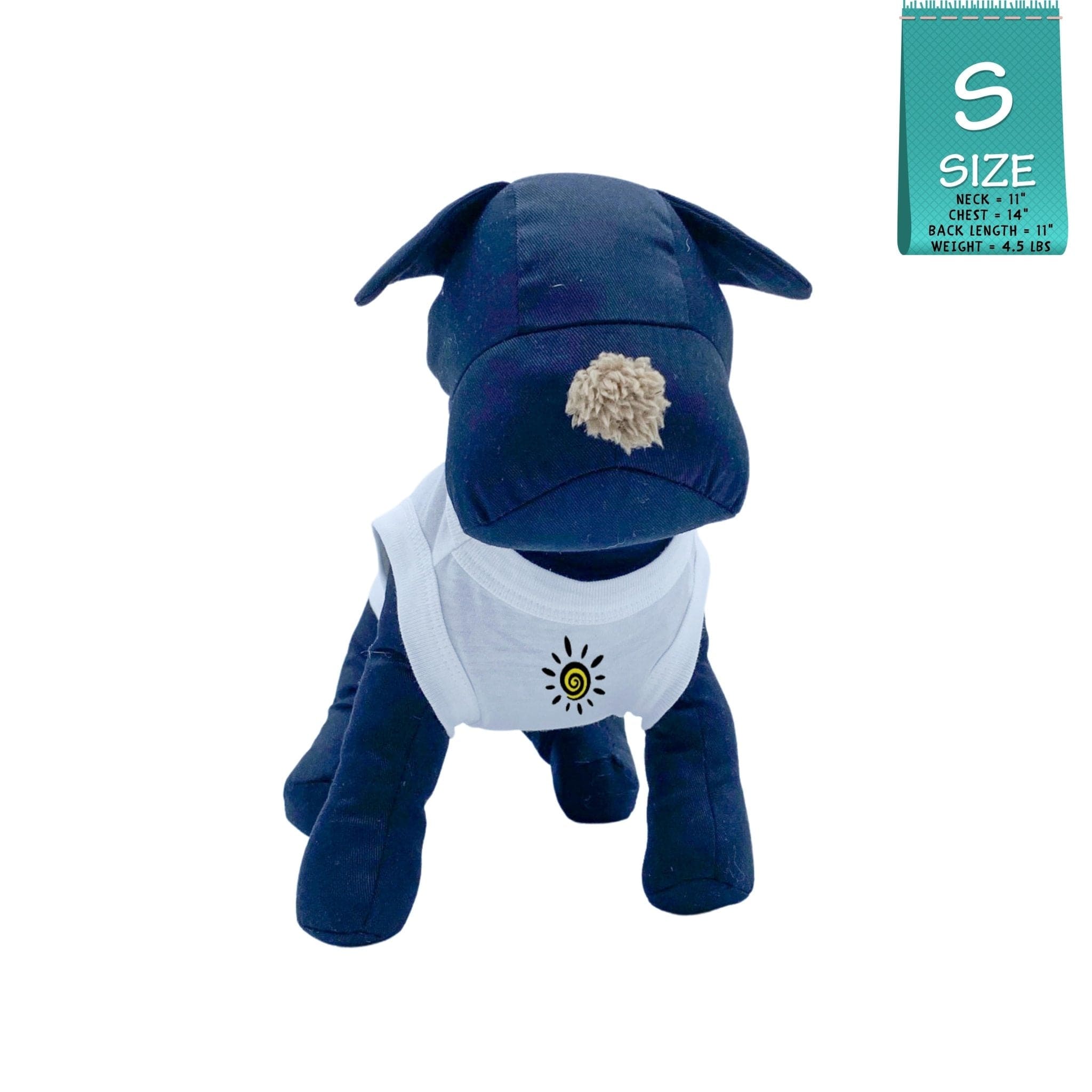Dog T-Shirt - black stuffed dog wearing white "Sunny Days" dog t-shirt - modern black and yellow sunshine emoji on chest - against solid white background - Wag Trendz
