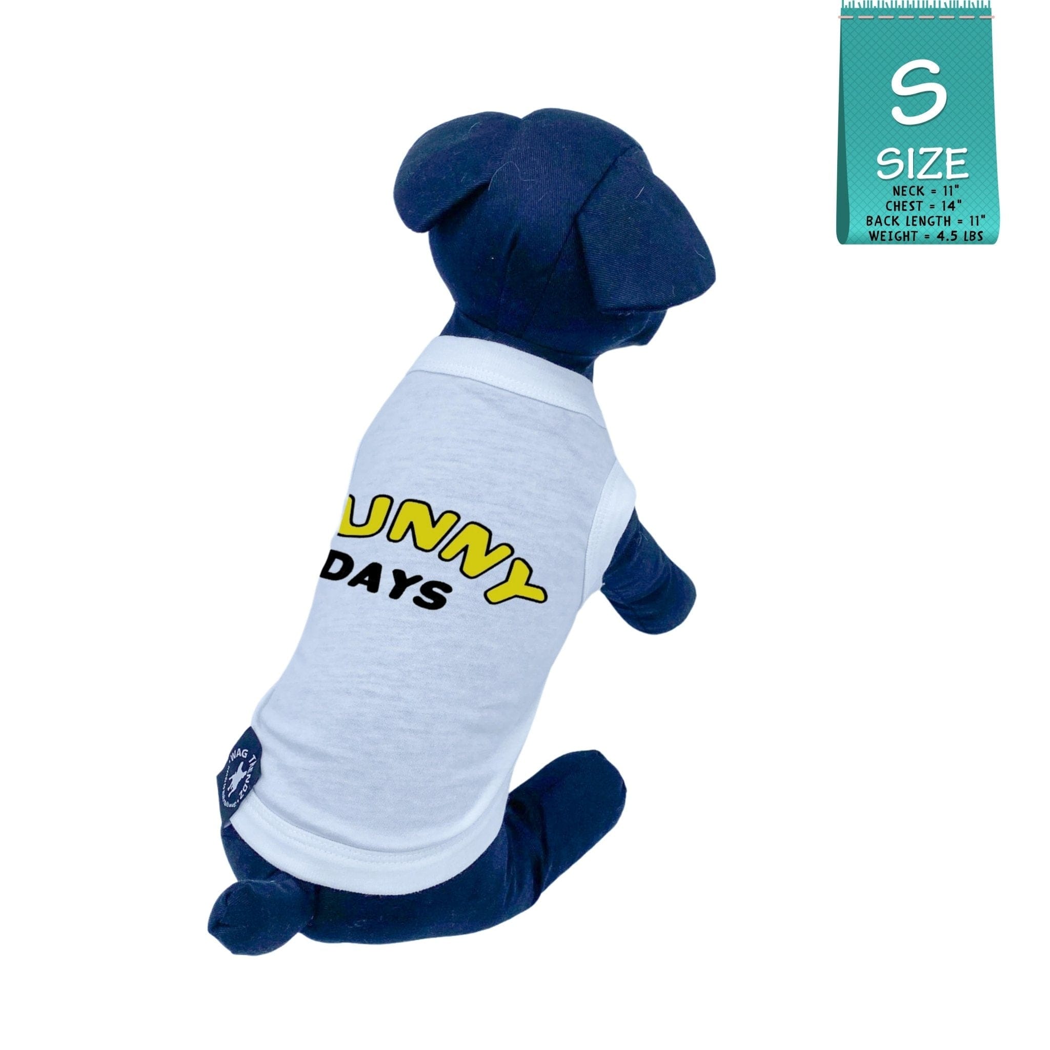 Dog T-Shirt - black stuffed dog wearing white "Sunny Days" dog t-shirt - Sunny Days lettering in yellow and black - against solid white background - Wag Trendz