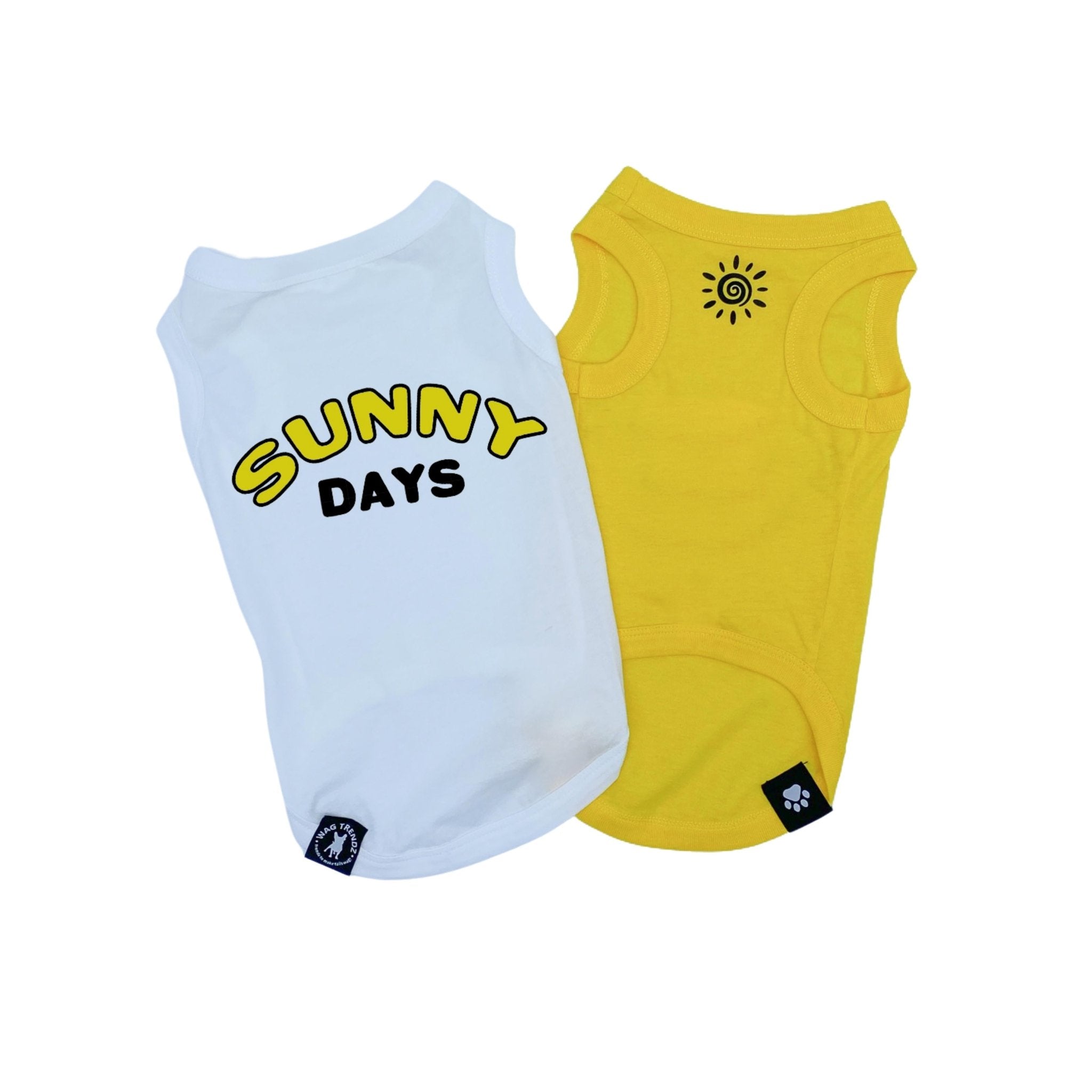 Dog T-Shirt - "Sunny Days" dog t-shirts in White and Yellow - Sunny Days lettering on white t-shirt in black and yellow and a modern sunshine emoji in black on chest of yellow t-shirt - lettering and emoji is in yellow and black - against solid white background - Wag Trendz