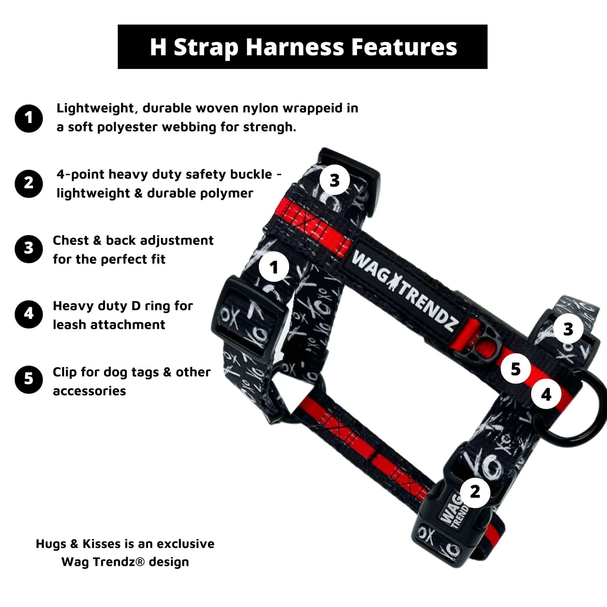 H Dog Harness - Roman Dog Harness - black with white XO dog strap harness with bold red accent against white background - Wag Trendz