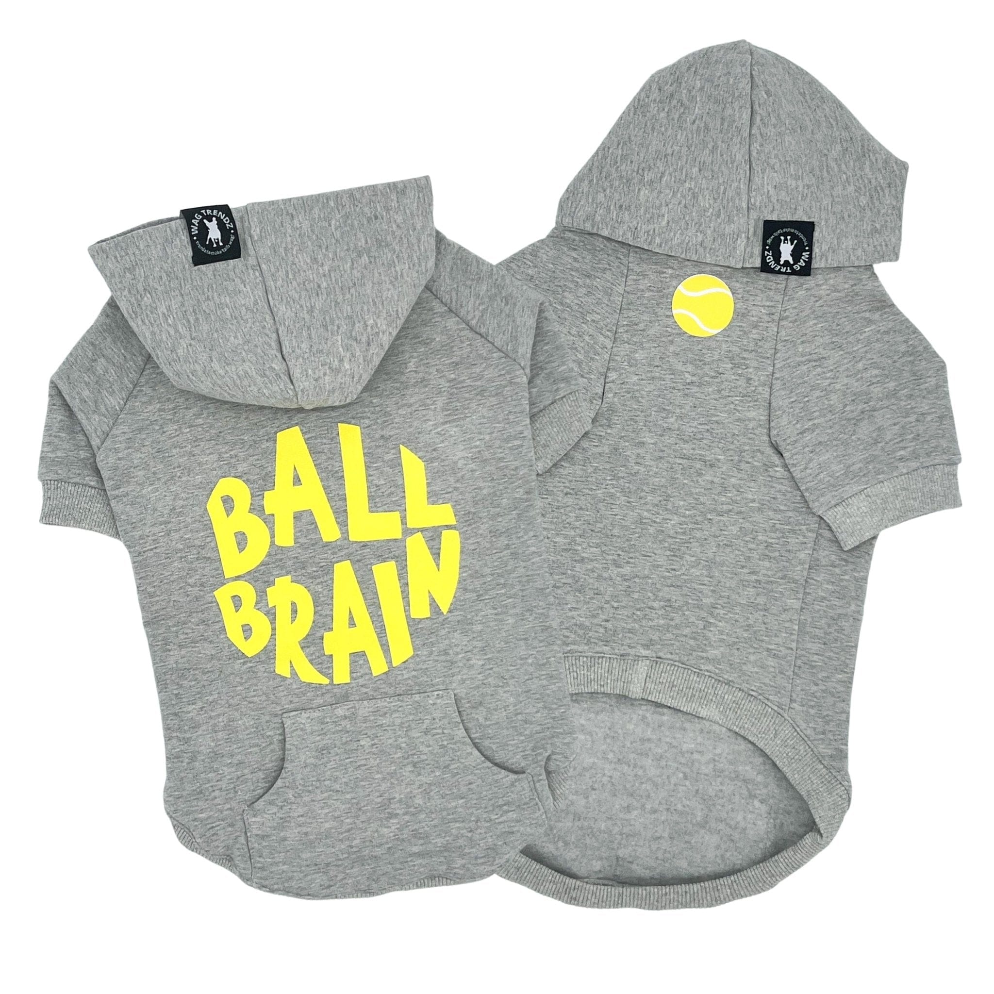 Dog Hoodie - Hooded Sweatshirt For Dogs - Ball Brain Hooded Sweatshirt - Gray front and back - against a solid white background - Wag Trendz