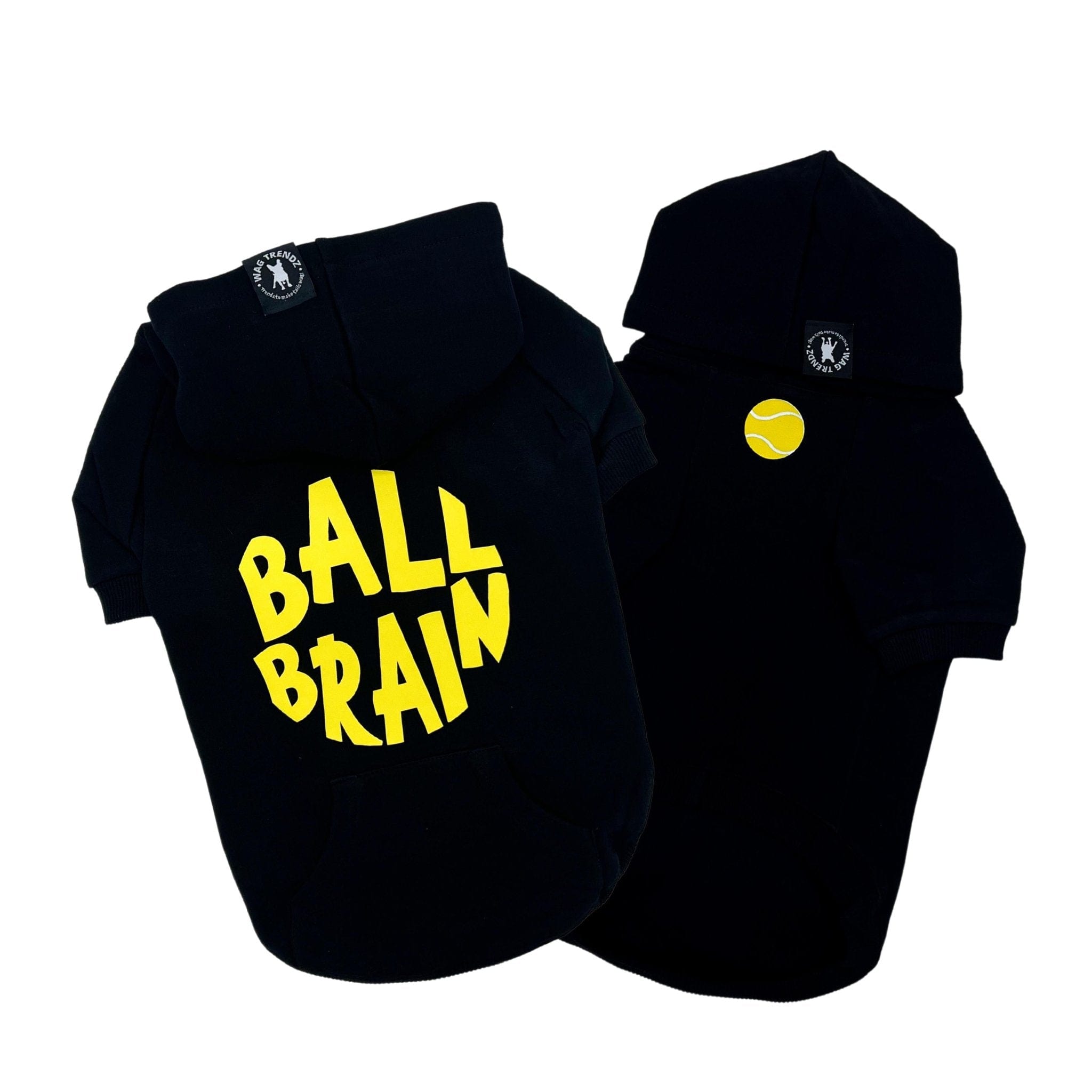 Hooded Sweatshirt For Dogs - Ball Brain - black front and back view - against a solid white background - Wag Trendz