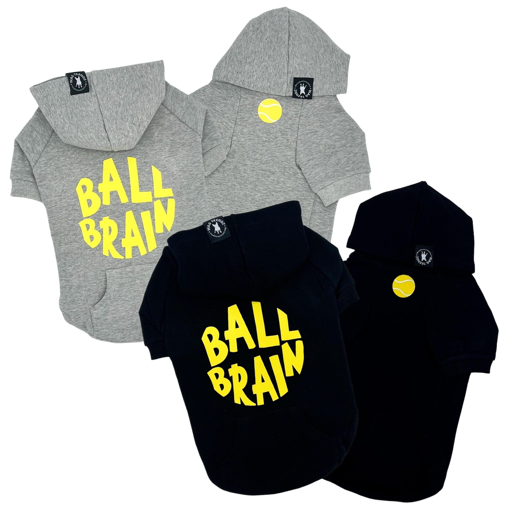 Hooded Sweatshirt For Dogs - Ball Brain hooded sweatshirt in gray & black front and back view with tennis ball and ball brain in yellow - against a solid white background - Wag Trendz