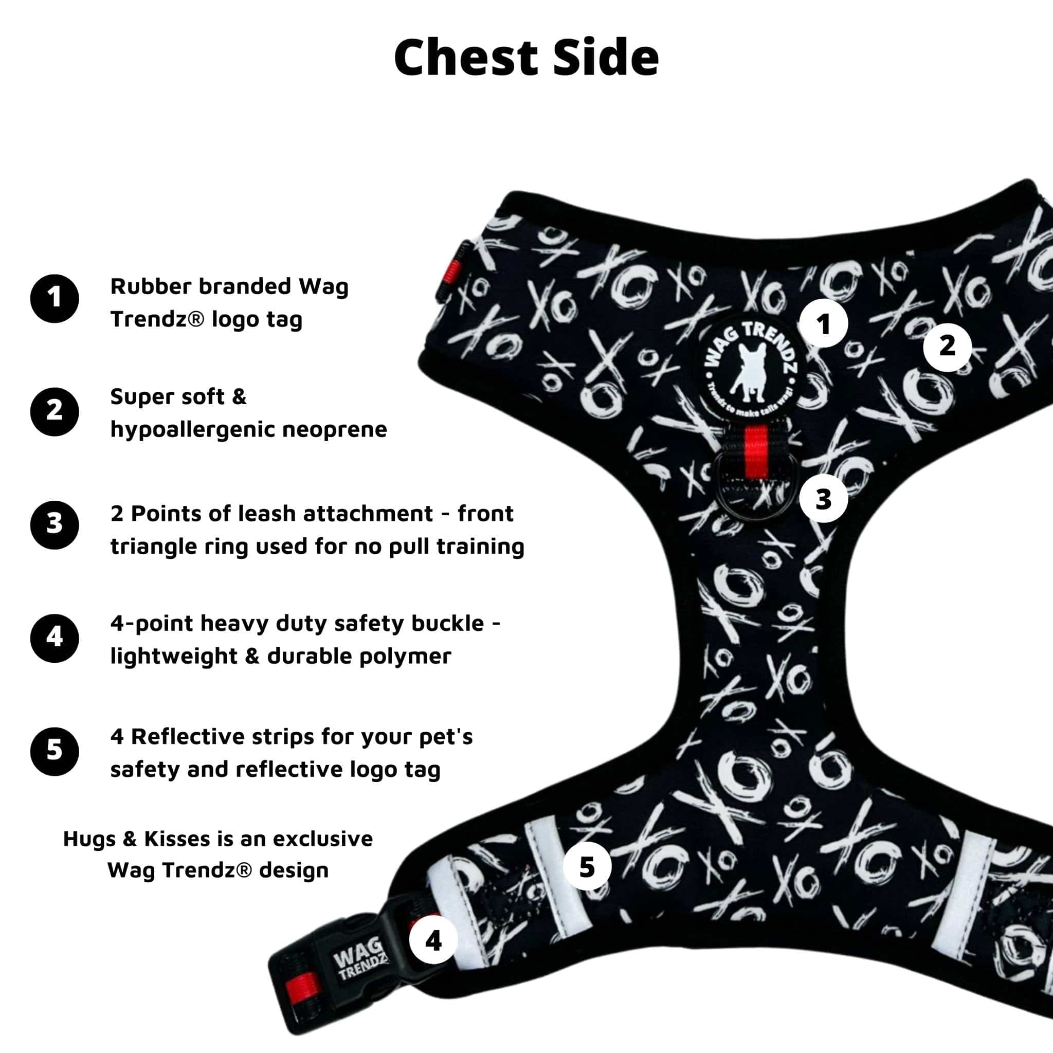 No Pull Dog Harness - Adjustable - Front Clip - black and white XO's with bold red accents on a no pull dog harness with product feature captions - front side - against solid white background - Wag Trendz