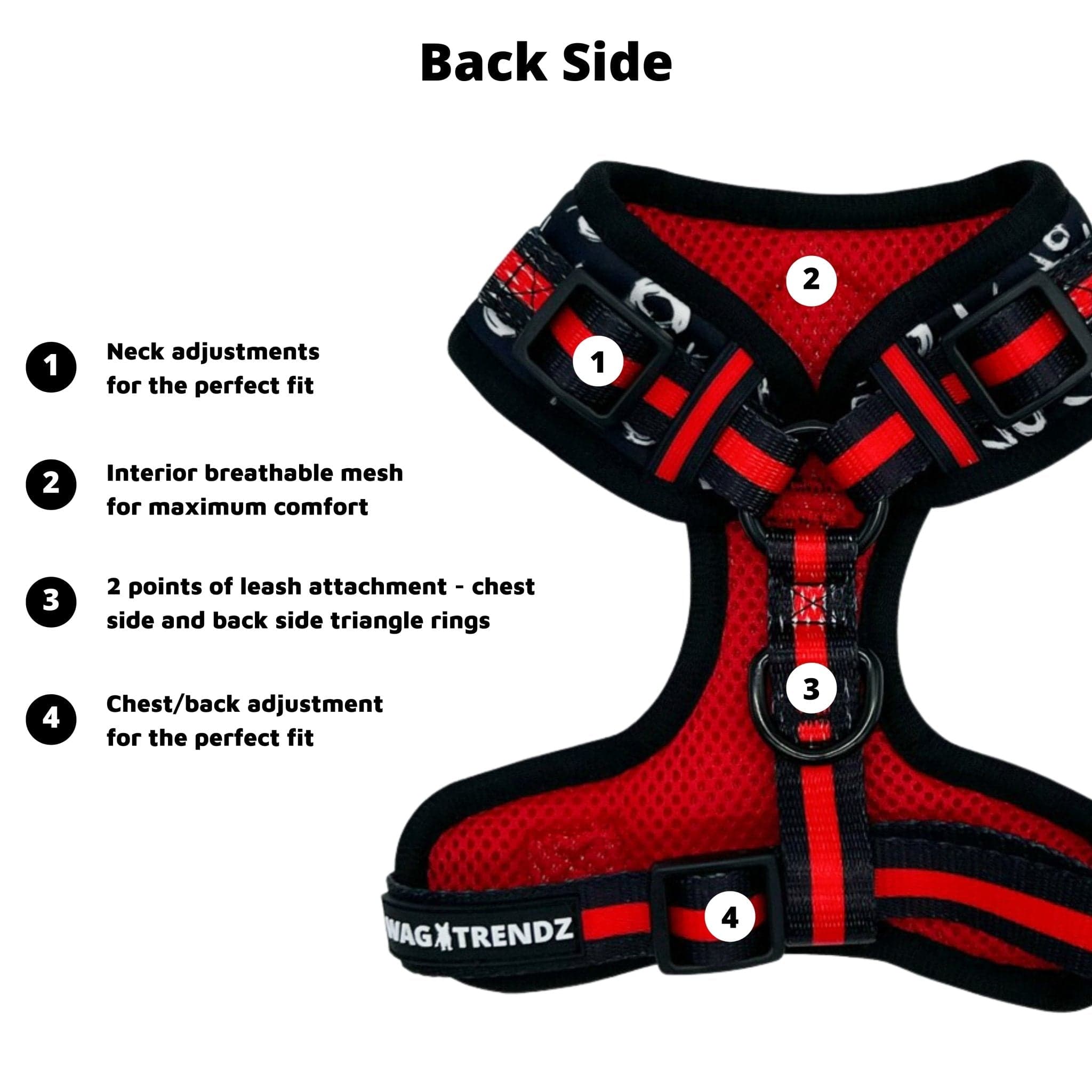 No Pull Dog Harness - Adjustable - Front Clip - black and white XO's no pull dog harness with bold red accents - product feature captions - back side - against solid white background - Wag Trendz