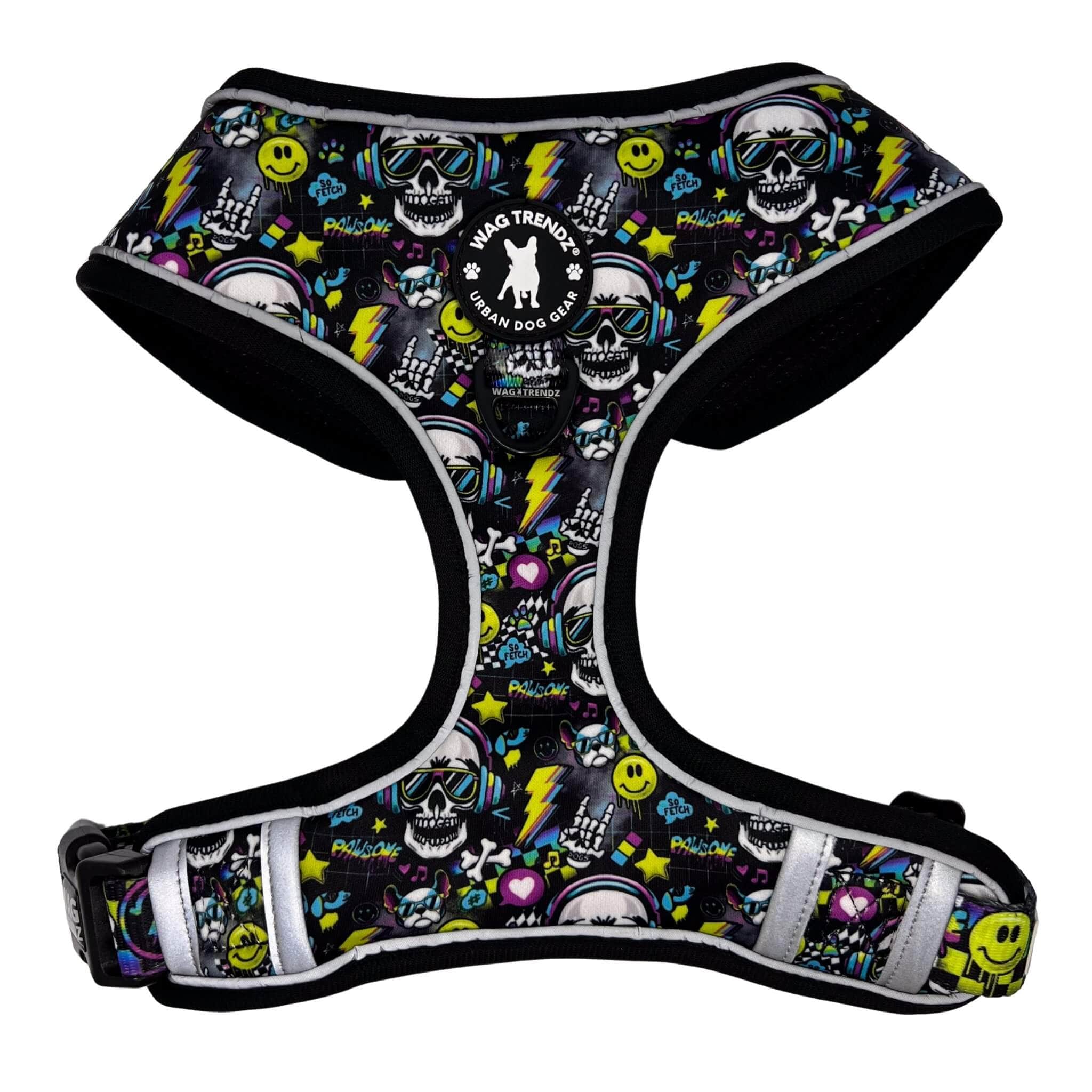 No Pull Dog Harness - Skull Society with multicolored graphics in yellow, blue, purple with black background - chest side - against solid white background - Wag Trendz