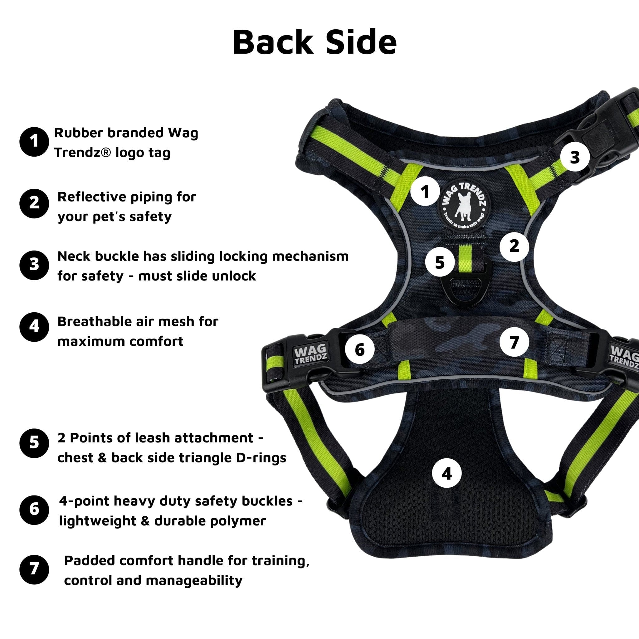 No Pull Dog Harness - With Handle - black and gray camo no pull harness with hi vis accents features - back view - against solid white background - Wag Trendz