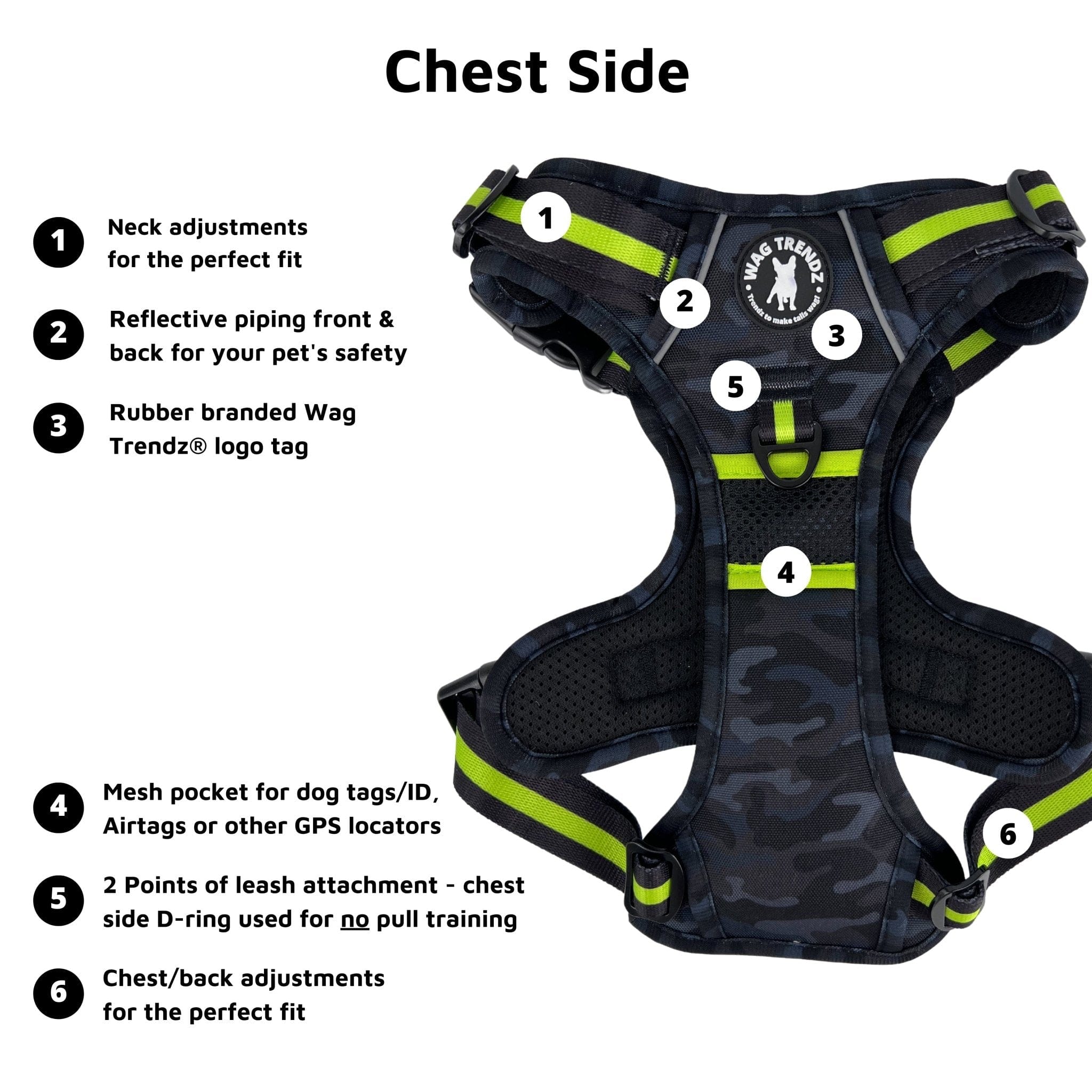 No Pull Dog Harness - With Handle - black and gray camo no pull harness with hi vis accents features - chest view - against solid white background - Wag Trendz
