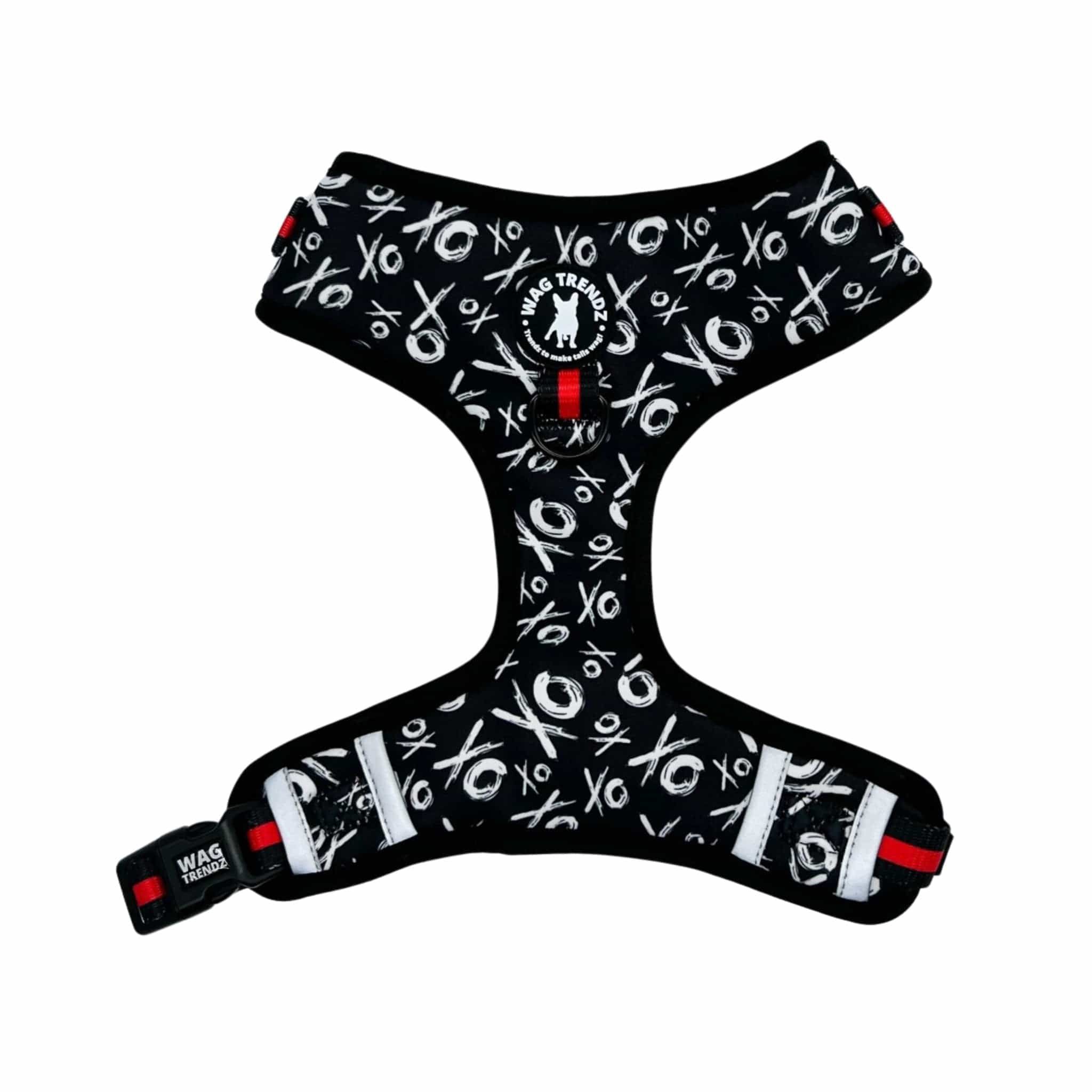 No Pull Dog Harness - Adjustable - Front Clip - black with white XO's on a no pull dog harness with red accents - front and back - Wag Trendz