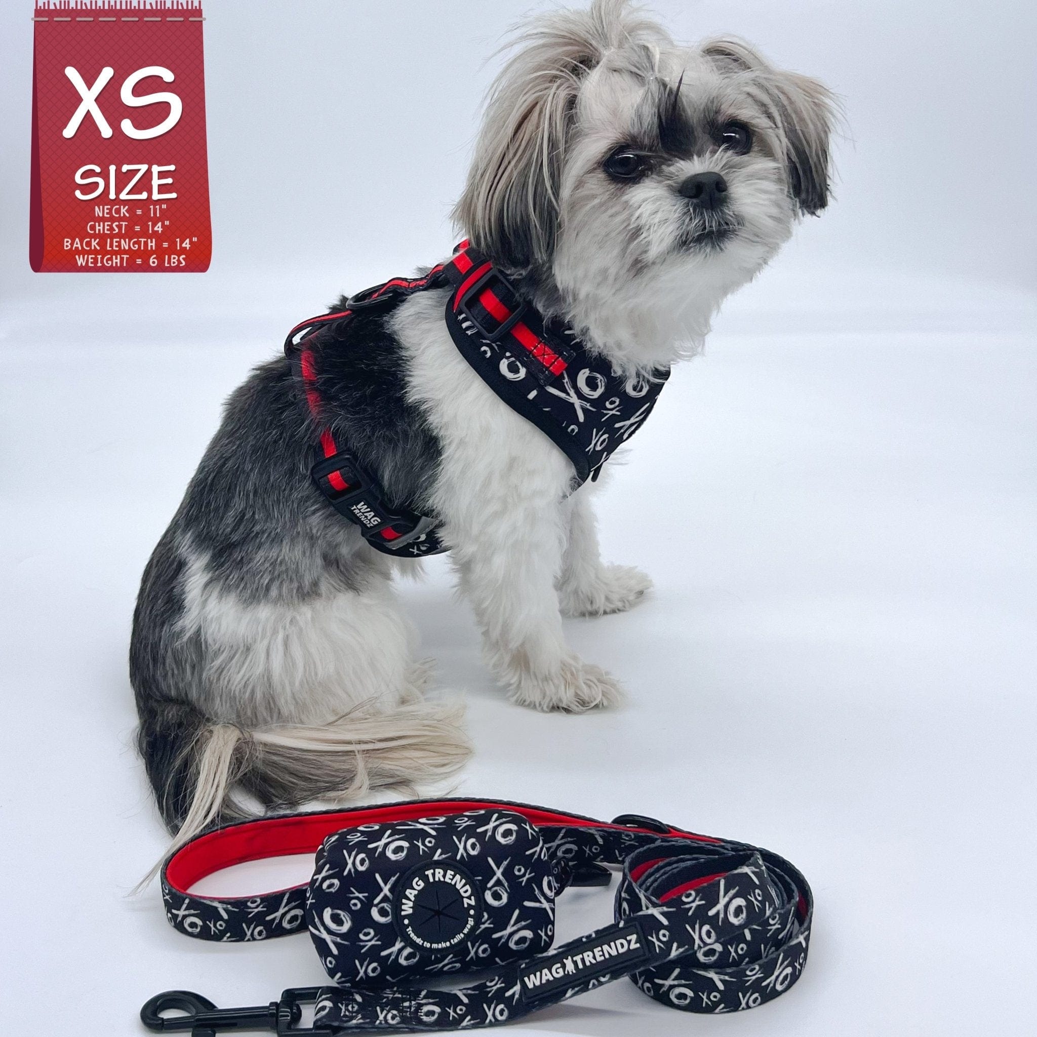 No Pull Dog Harness - Adjustable - Front Clip - small dog wearing black no pull dog harness with white XO's and red accents with matching dog leash and poop bag holder - against a solid white background - Wag Trendz
