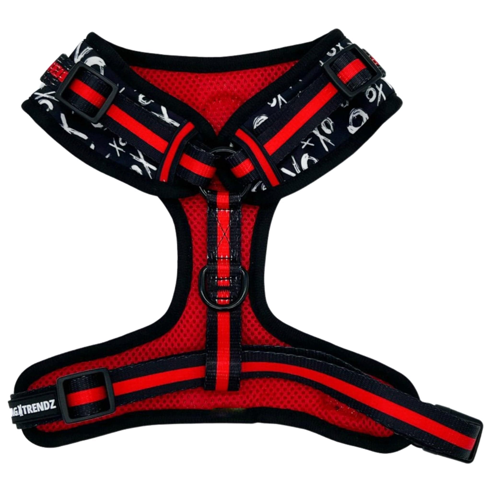 No Pull Dog Harness - Adjustable - Front Clip - black with white XO's on a no pull dog harness with red accents - back view - Wag Trendz