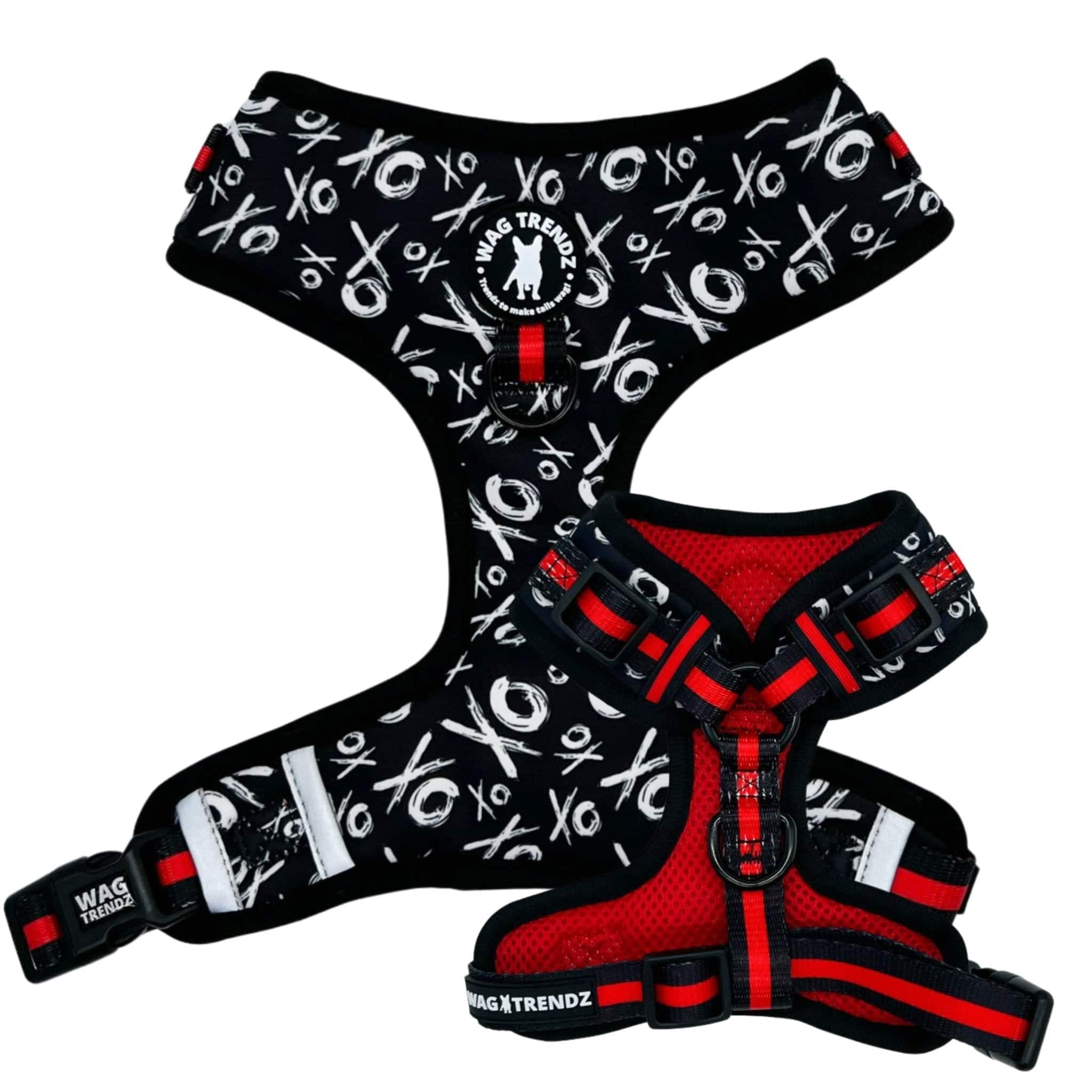 No Pull Dog Harness - Adjustable - Front Clip - black with white XO's on a no pull dog harness with red accents - front and back view - Wag Trendz