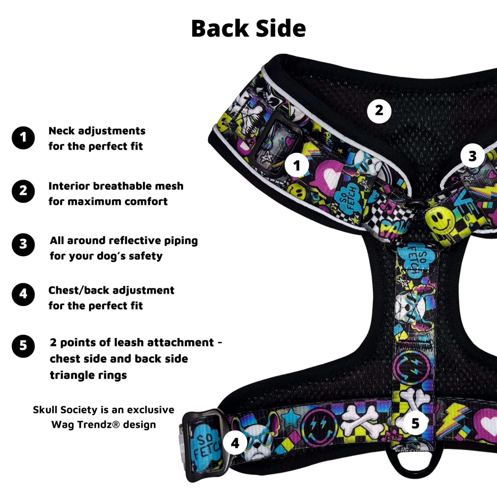 No Pull Dog Harness - Skull Society no pull dog harness with multicolored graphics in yellow, blue, purple with black background - backside with product feature captions - against solid white background - Wag Trendz