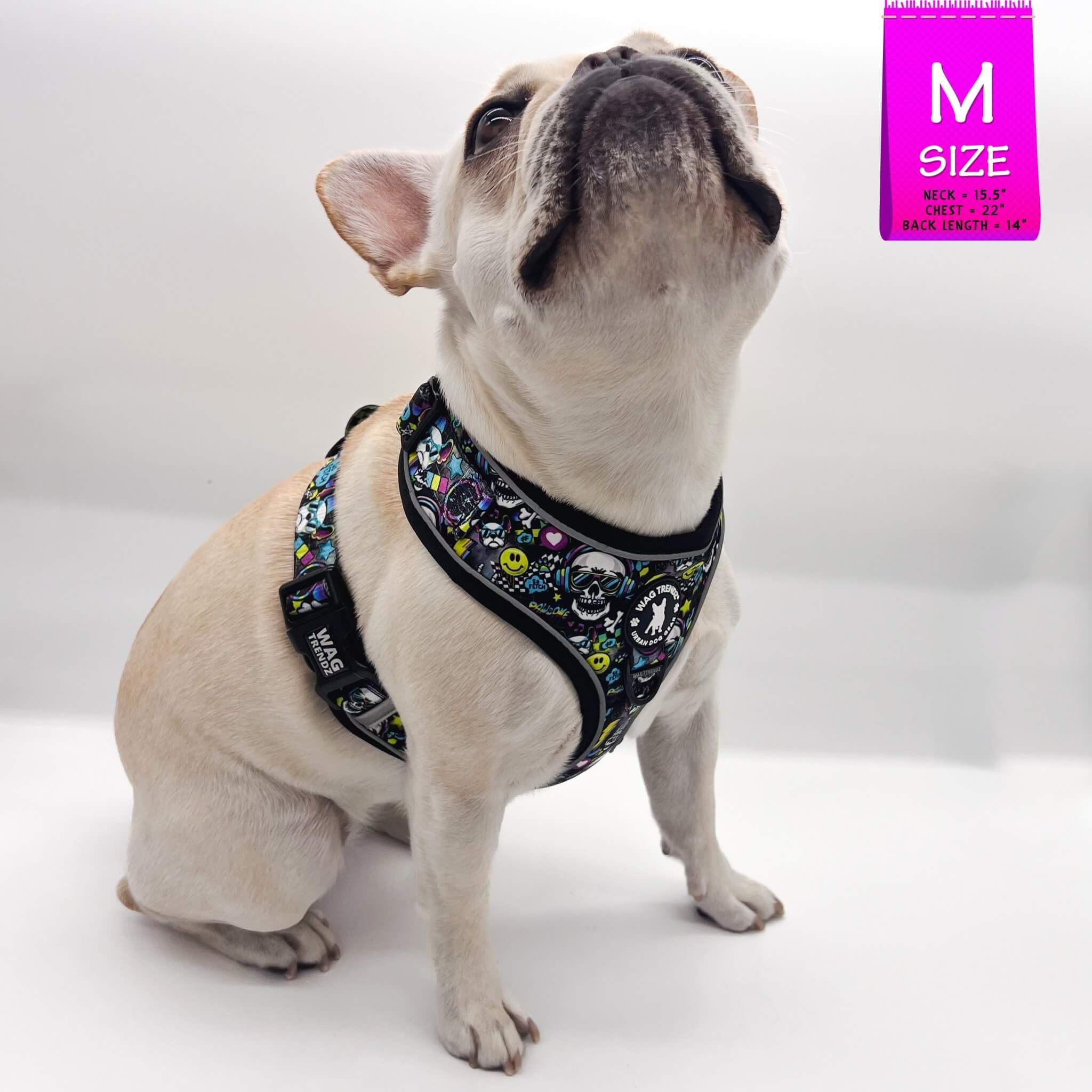 No Pull Dog Harness - French Bulldog wearing Skull Society no pull dog harness with multicolored graphics in yellow, blue, purple with black background - against solid white background - Wag Trendz