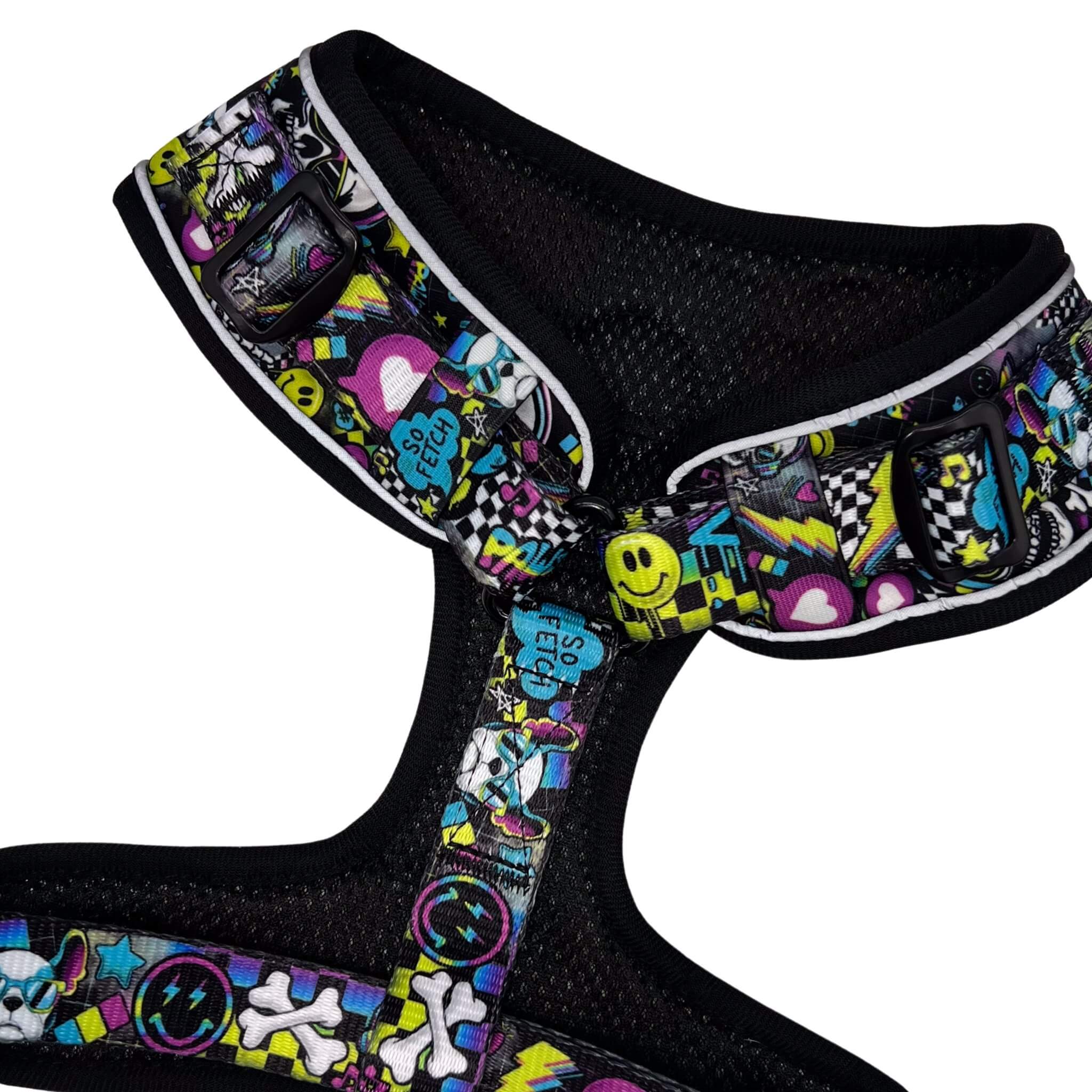 No Pull Dog Harness - Skull Society no pull dog harness with multicolored graphics in yellow, blue, purple with black background - backside - against solid white background - Wag Trendz