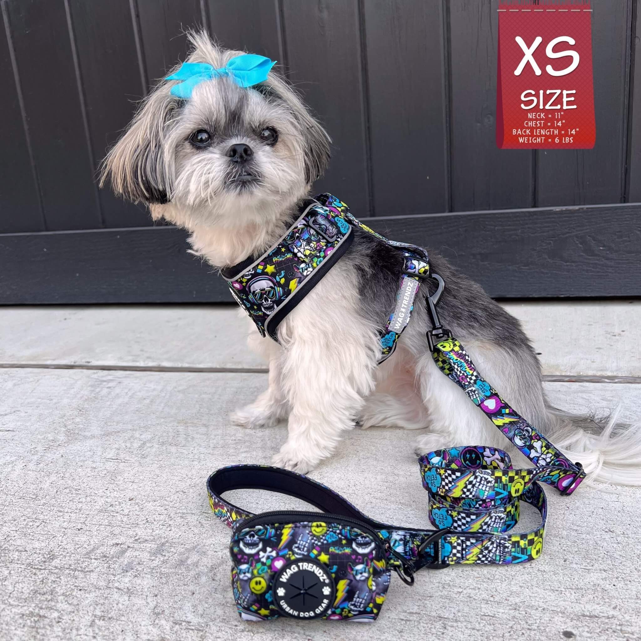 No Pull Dog Harness - Shih Tzu mix wearing Skull Society no pull dog harness, matching leash and poop bag holder attached - with multicolored graphics in yellow, blue, purple with black background - sitting outdoors - Wag Trendz