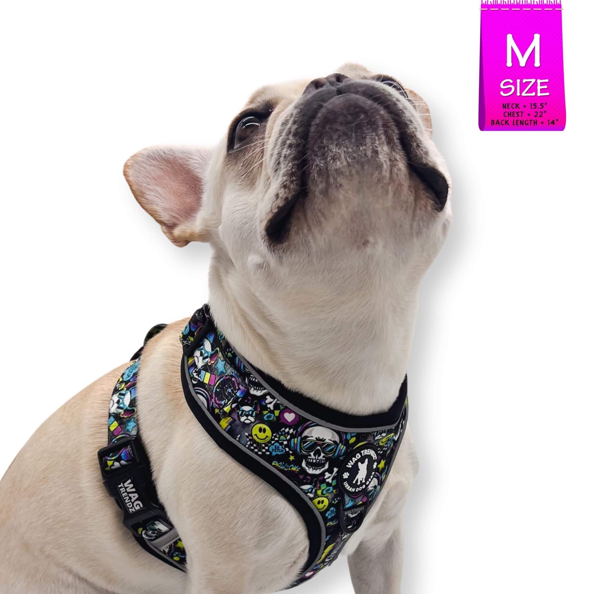 No Pull Dog Harness - French Bulldog wearing Skull Society no pull dog harness with multicolored graphics in yellow, blue, purple with black background - against solid white background - Wag Trendz