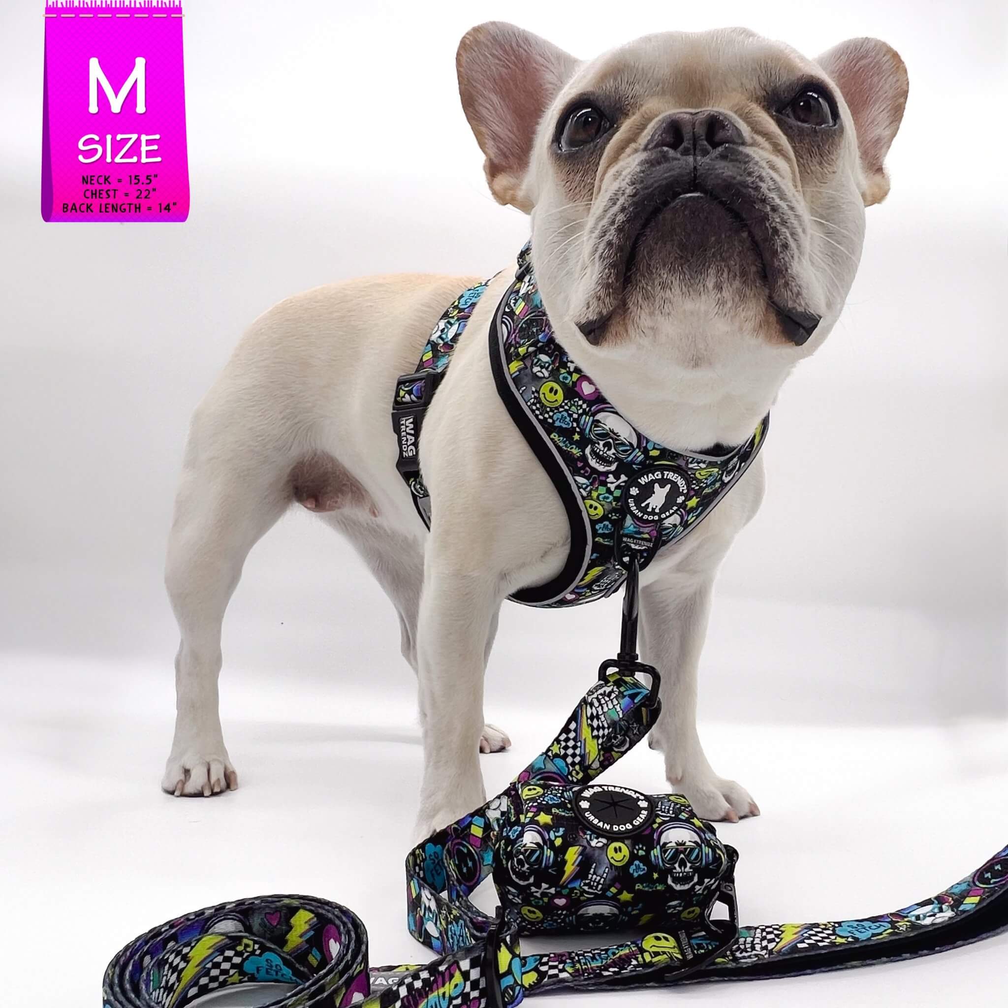 No Pull Dog Harness - French Bulldog wearing Skull Society no pull dog harness with multicolored graphics in yellow, blue, purple with black background and matching leash and poop bag holder attached to front clip - against solid white background - Wag Trendz