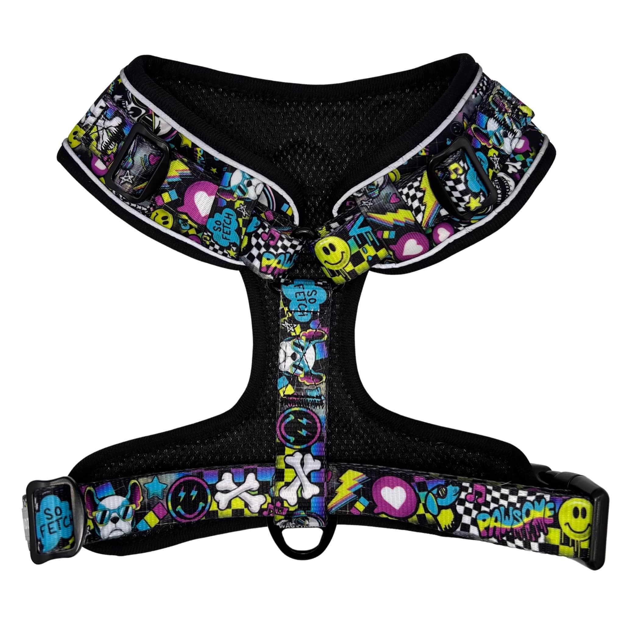 No Pull Dog Harness - Skull Society no pull dog harness with multicolored graphics in yellow, blue, purple with black background -backside - against solid white background - Wag Trendz