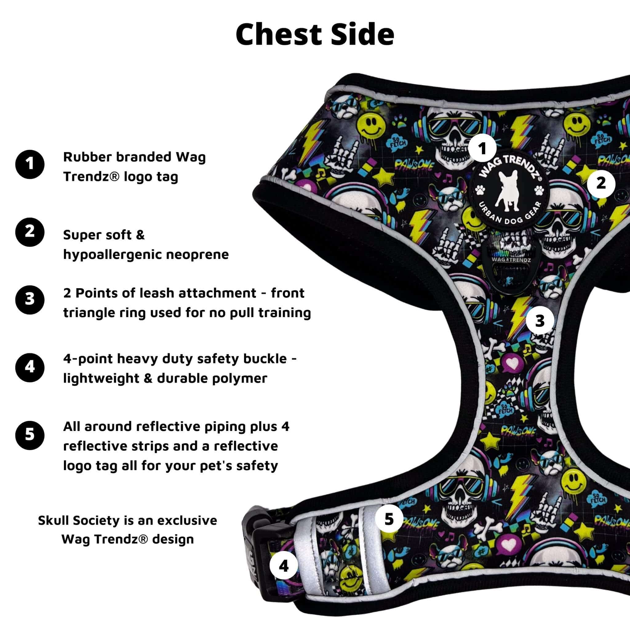 No Pull Dog Harness - Skull Society no pull dog harness with multicolored graphics in yellow, blue, purple with black background - chest side with product feature captions - against solid white background - Wag Trendz