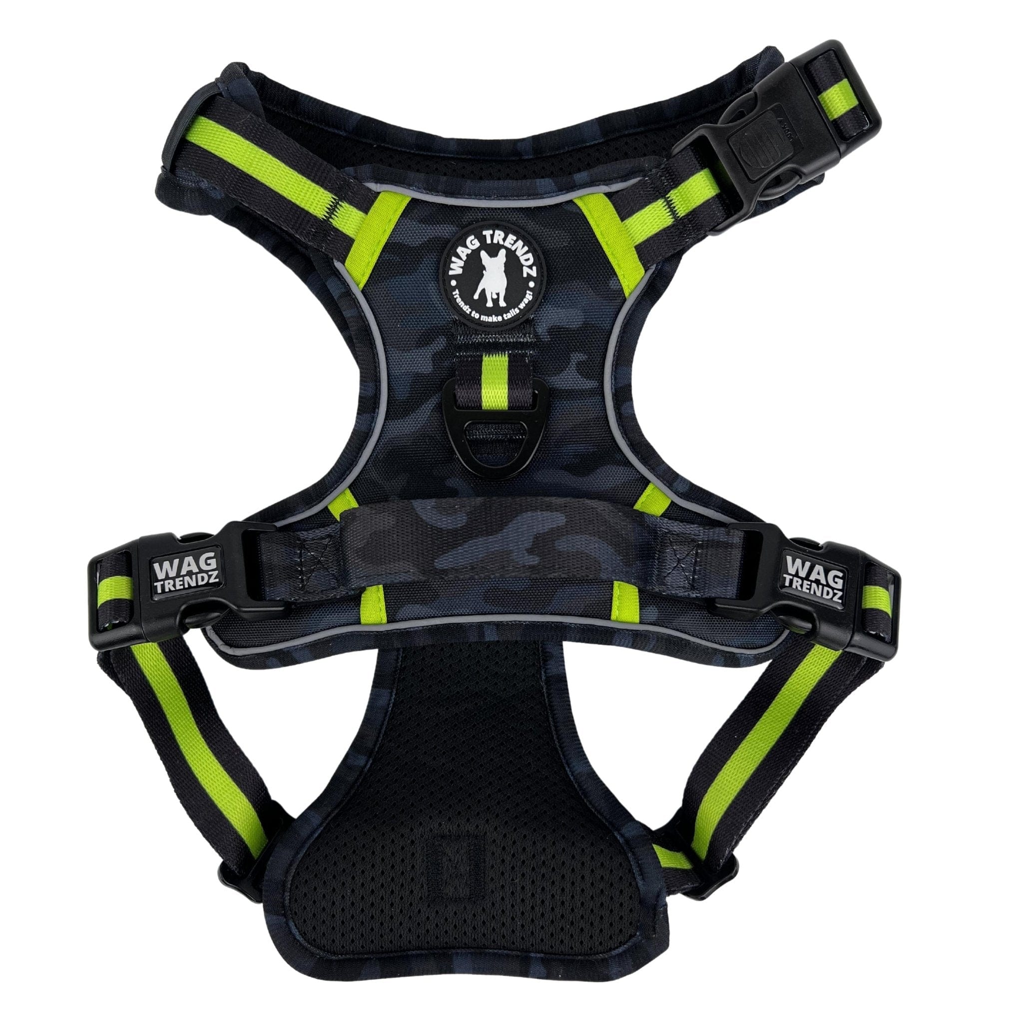 No Pull Dog Harness - with handle - black and gray camo no pull dog harness with high visibility accents - Backside Only - against white background - Wag Trendz