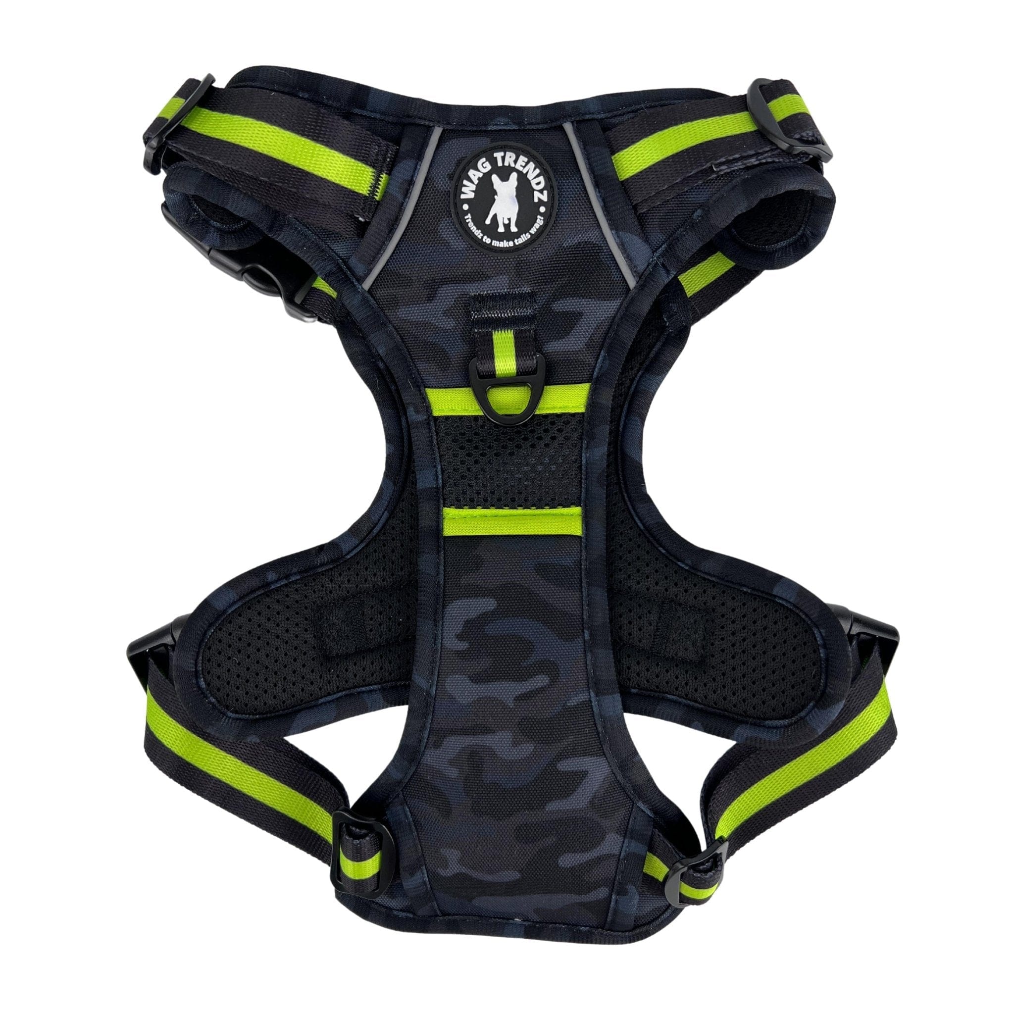 No Pull Dog Harness - with handle - black and gray camo no pull dog harness with high visibility accents - Front Chest Side Only - against white background - Wag Trendz