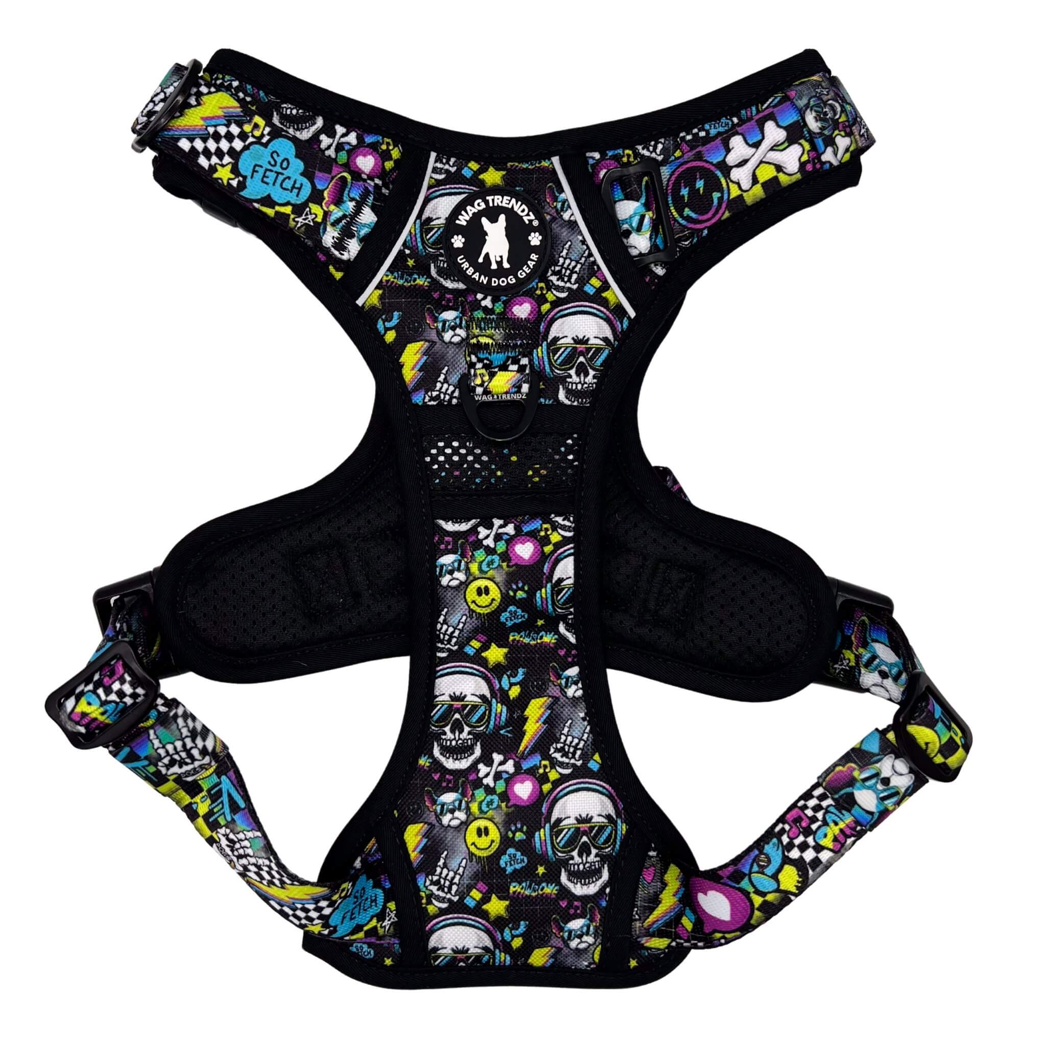 No Pull Dog Harness with Handle - Skull Society no pull dog harness with handle - multicolored graphics in yellow, blue, purple with black background - chest side - against solid white background - Wag Trendz