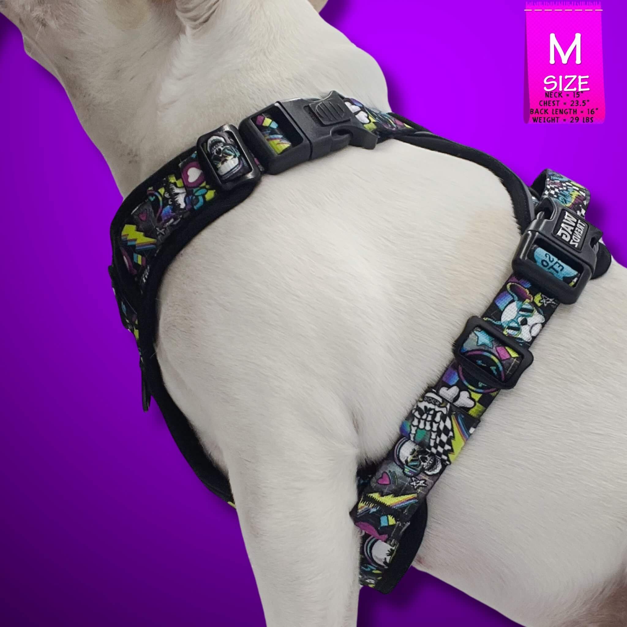 No Pull Dog Harness with Handle - Frenchie Bulldog wearing Skull Society no pull dog harness with handle - multicolored graphics in yellow, blue, purple with black background - against solid purple background - Wag Trendz