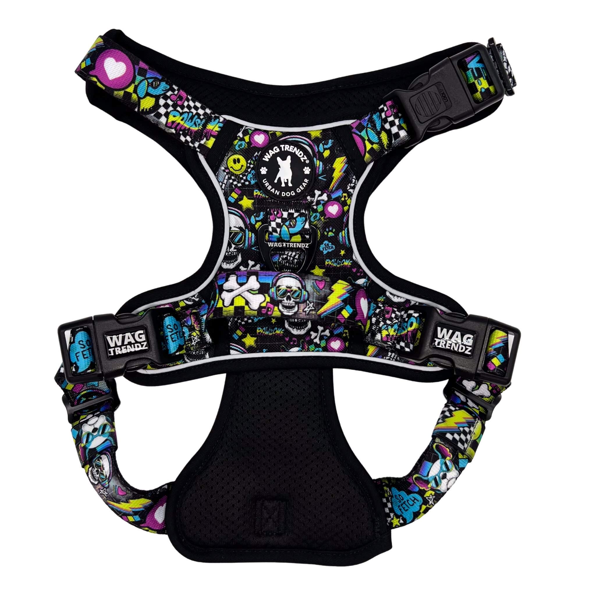 No Pull Dog Harness with Handle - Skull Society no pull dog harness with handle - multicolored graphics in yellow, blue, purple with black background -back side - against solid white background - Wag Trendz