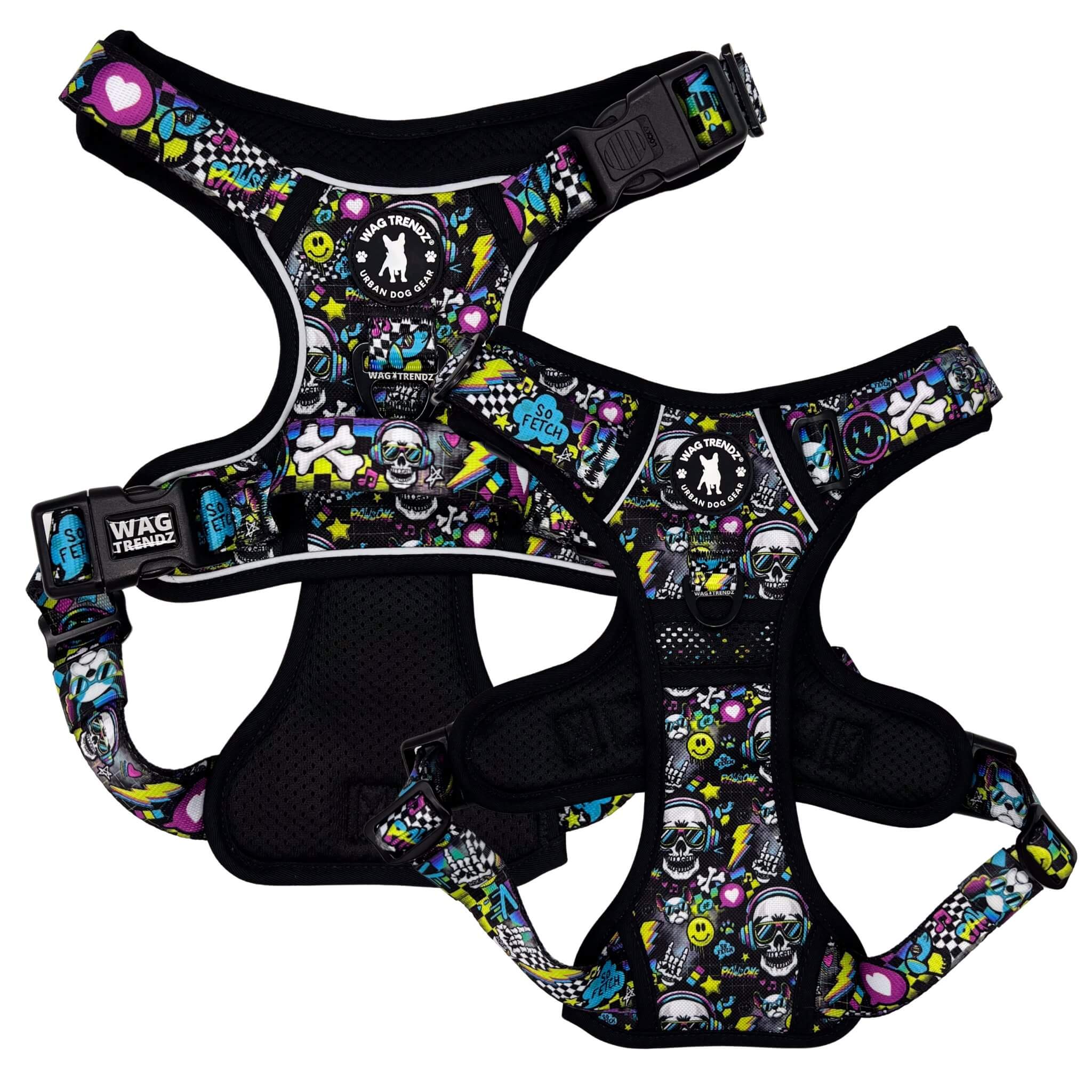 No Pull Dog Harness with Handle - Skull Society no pull dog harness with handle - multicolored graphics in yellow, blue, purple with black background - front and back side - against solid white background - Wag Trendz