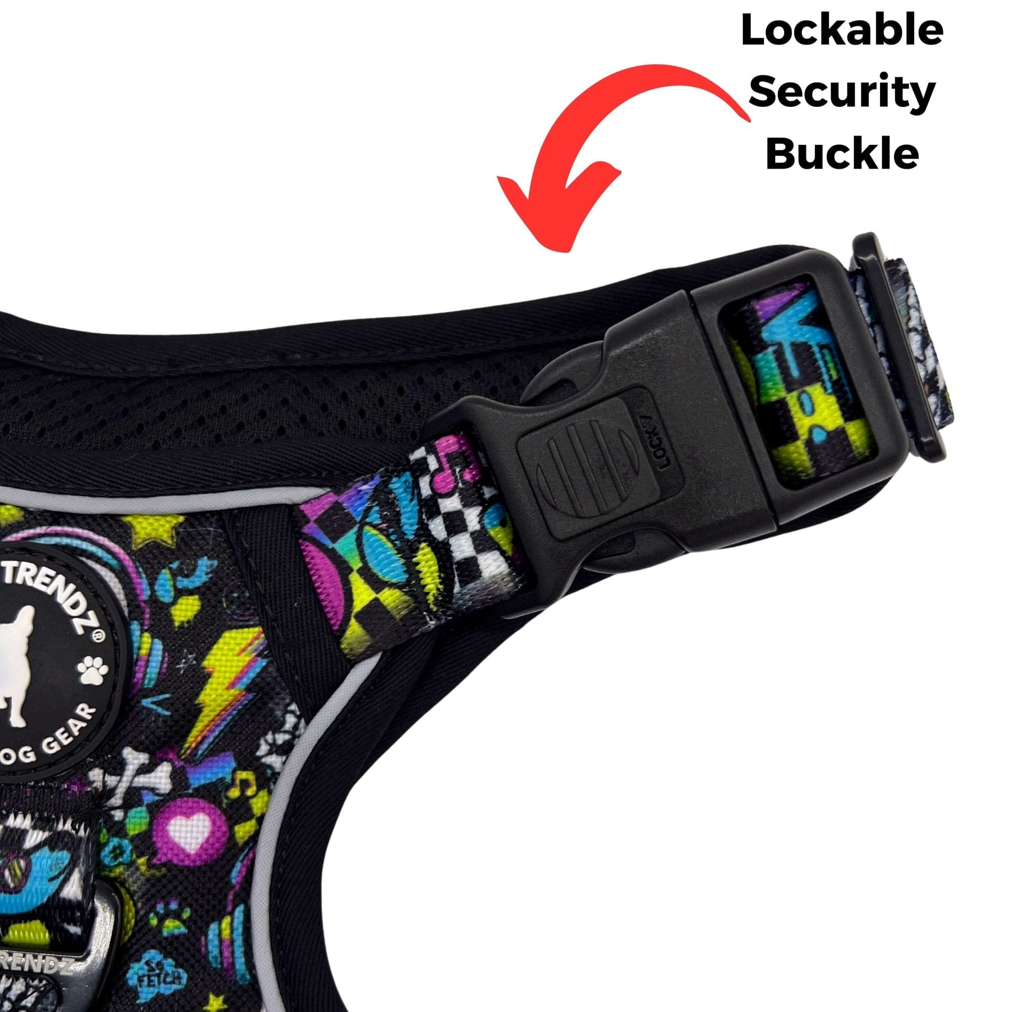 No Pull Dog Harness with Handle - Large - Skull Society no pull dog harness with handle - multicolored graphics in yellow, blue, purple with black background - closeup of security buckle - against solid white background - Wag Trendz