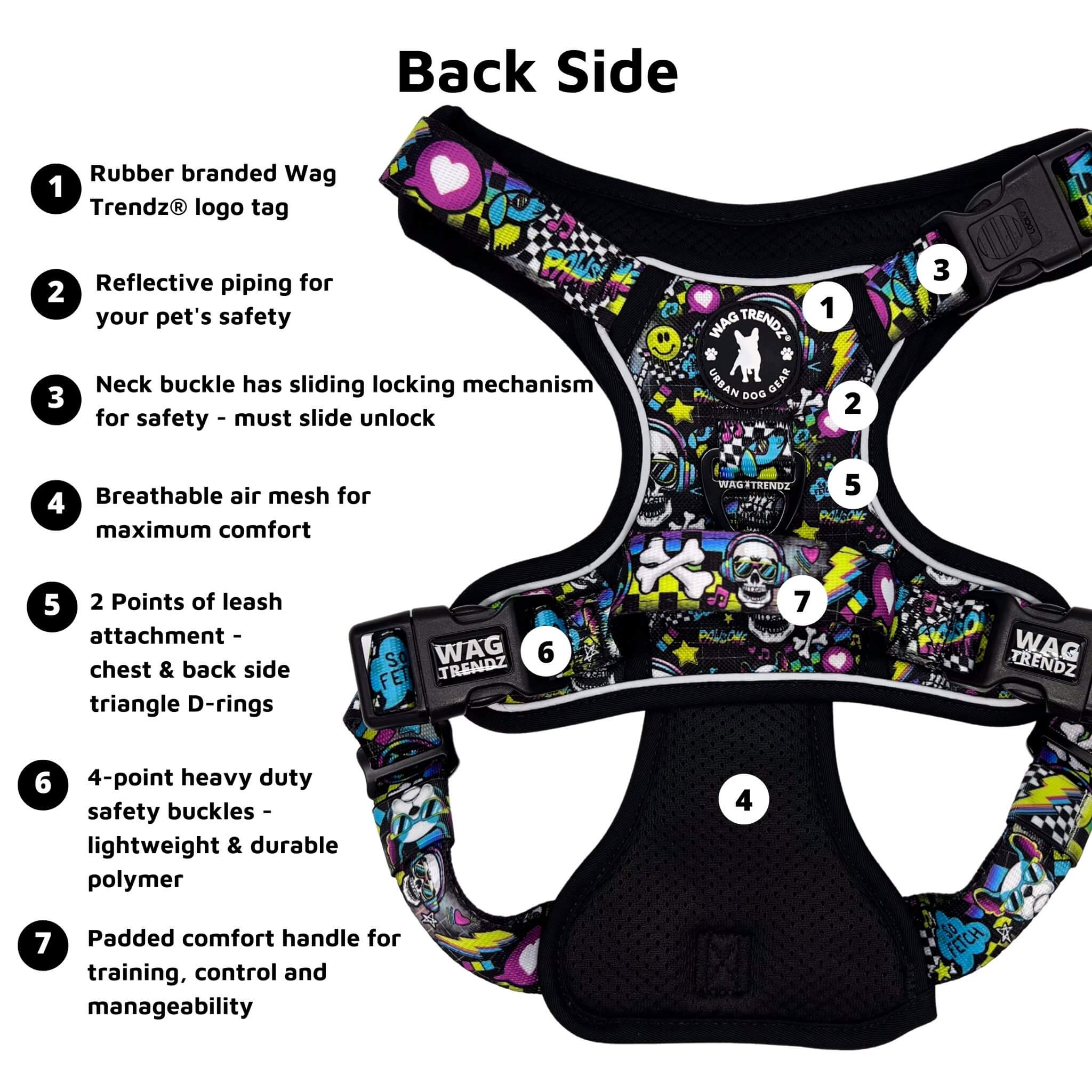 No Pull Dog Harness with Handle - Skull Society no pull dog harness with handle - multicolored graphics in yellow, blue, purple with black background - with product feature captions - against solid white background - Wag Trendz