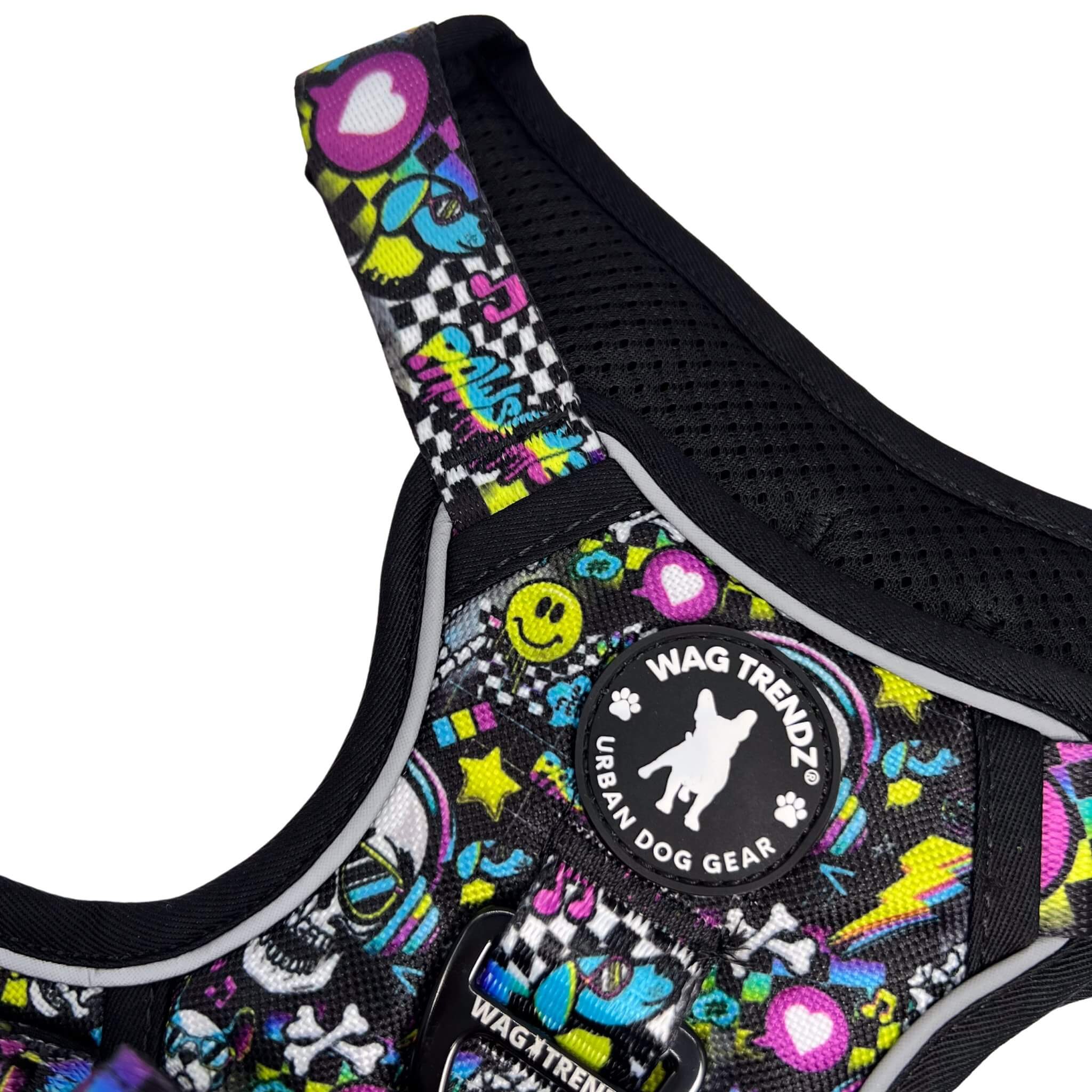 No Pull Dog Harness with Handle - Skull Society no pull dog harness with handle - multicolored graphics in yellow, blue, purple with black background - closeup - against solid white background - Wag Trendz