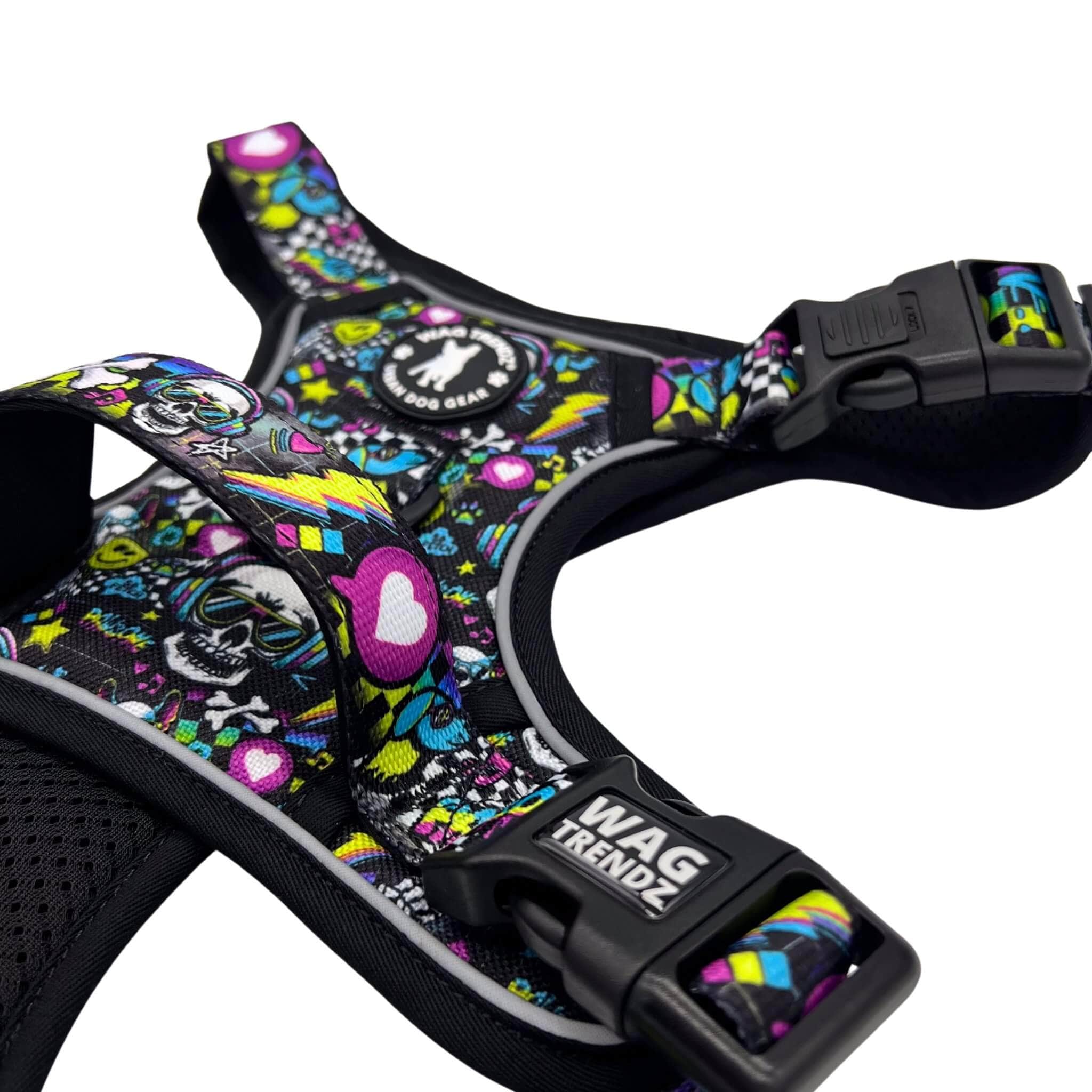No Pull Dog Harness with Handle - Large - Skull Society no pull dog harness with handle - multicolored graphics in yellow, blue, purple with black background - against solid white background - Wag Trendz