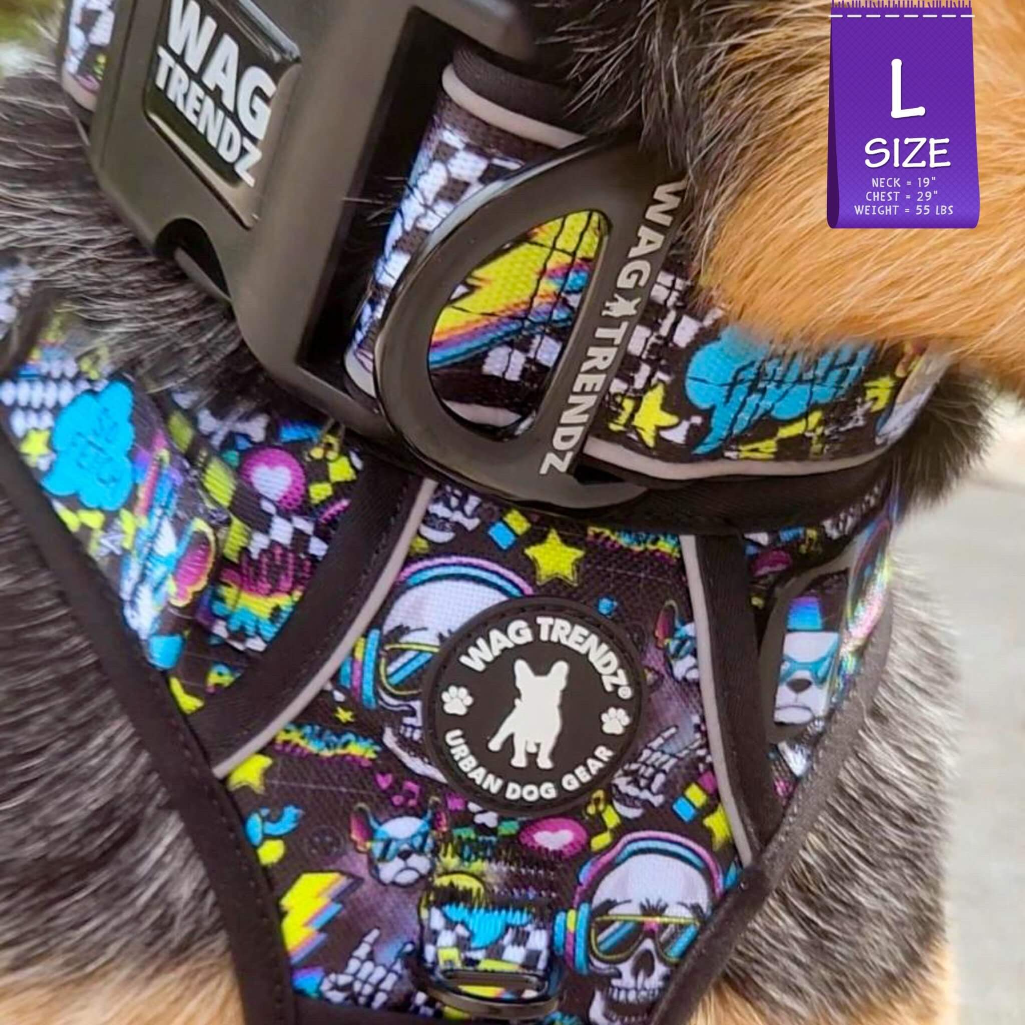 No Pull Dog Harness with Handle - Australian Cattle Dog wearing Skull Society no pull dog harness with handle and matching collar with multicolored graphics in yellow, blue, purple with black background - closeup - Wag Trendz