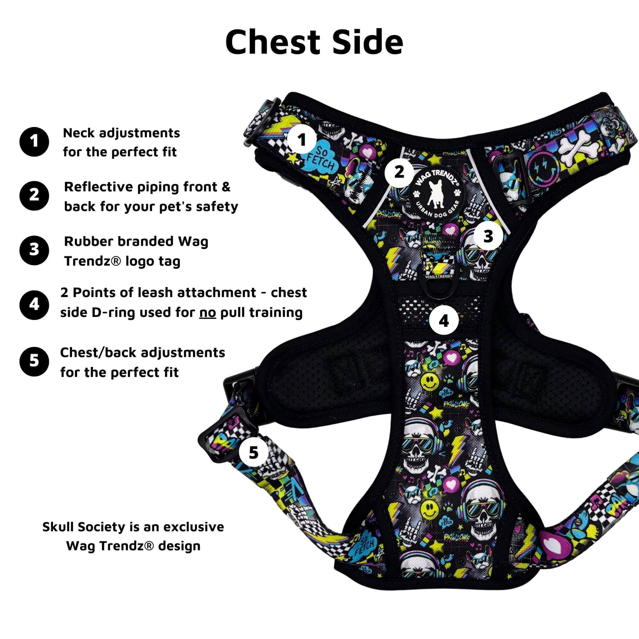 No Pull Dog Harness with Handle - Skull Society no pull dog harness with handle - multicolored graphics in yellow, blue, purple with black background - with product feature captions - against solid white background - Wag Trendz