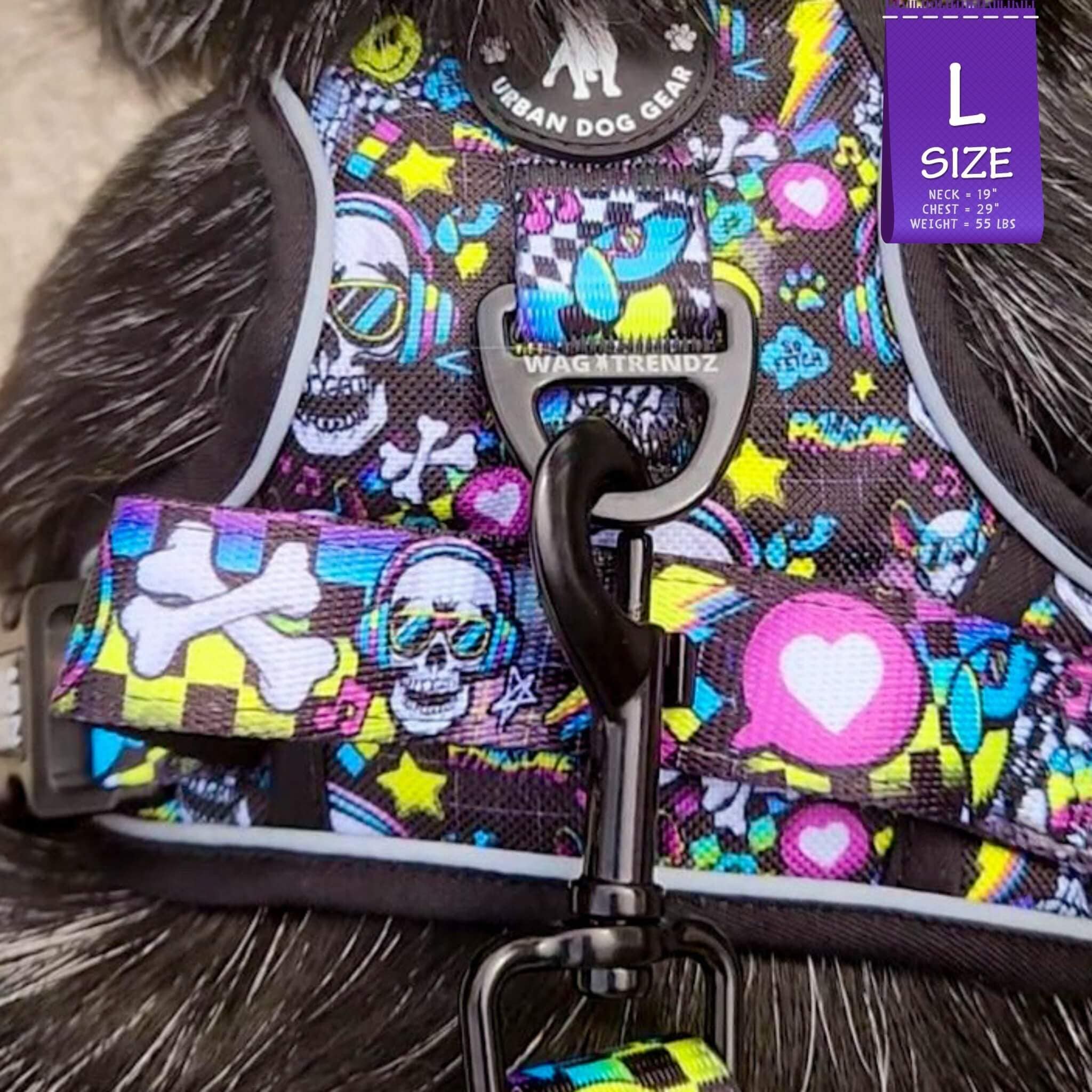 No Pull Dog Harness with Handle - Australian Cattle Dog wearing Skull Society no pull dog harness with handle - multicolored graphics in yellow, blue, purple with black background - against solid white background - Wag Trendz