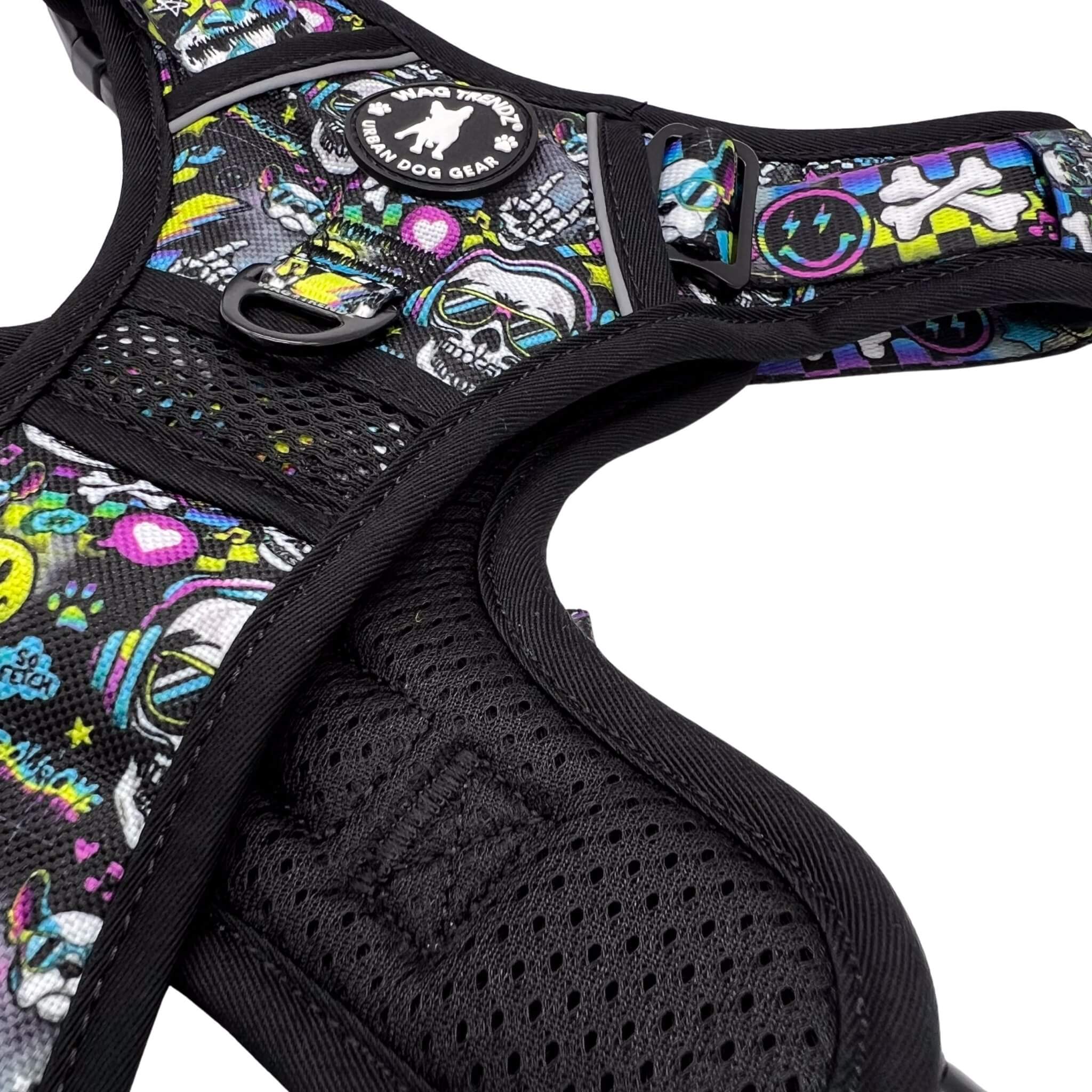No Pull Dog Harness with Handle - Large - Skull Society no pull dog harness with handle - multicolored graphics in yellow, blue, purple with black background - against solid white background - Wag Trendz