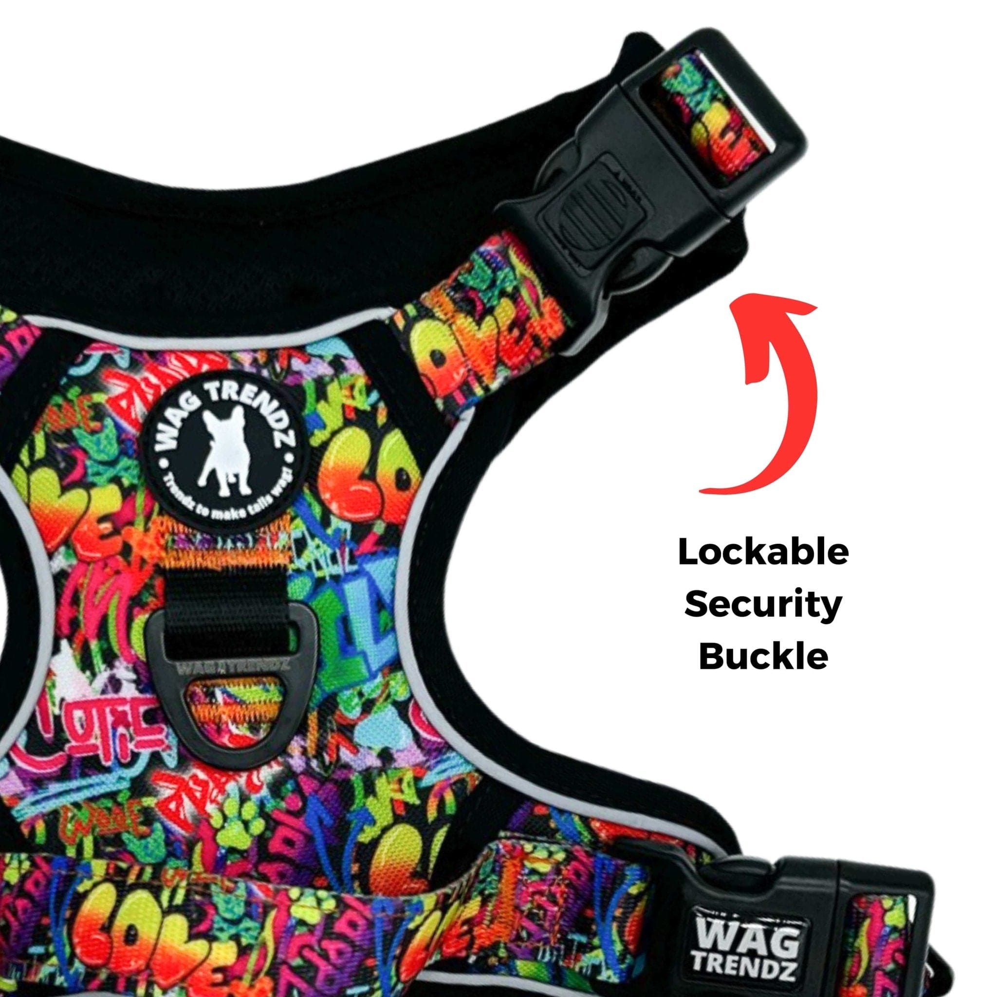 No Pull Dog Harness with Handle - Large - Street Graffitti harness with multicolored graphics with black background - closeup of security buckle - against solid white background - Wag Trendz