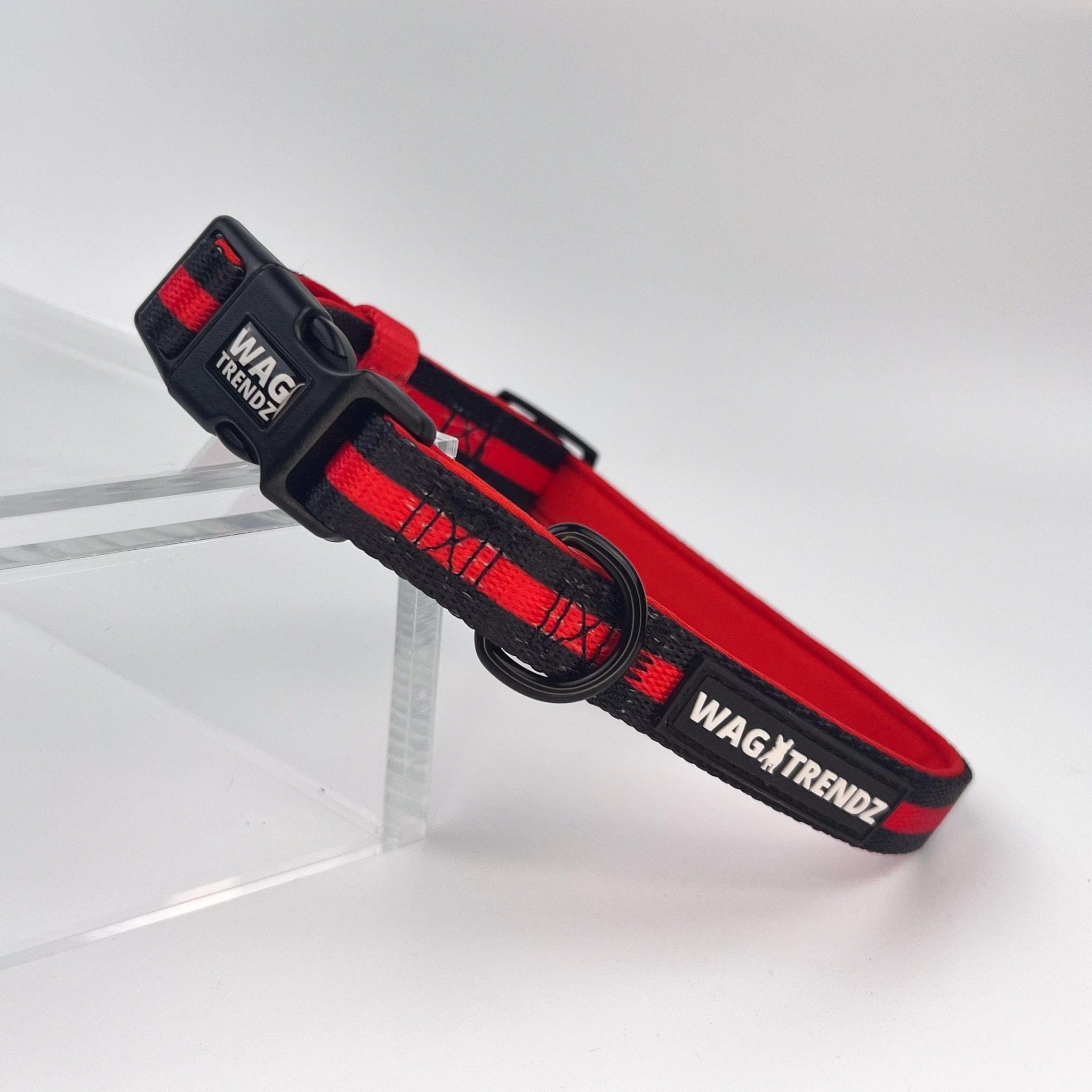 Nylon Dog Collar - black with bold red stripe - against solid white background - Wag Trendz