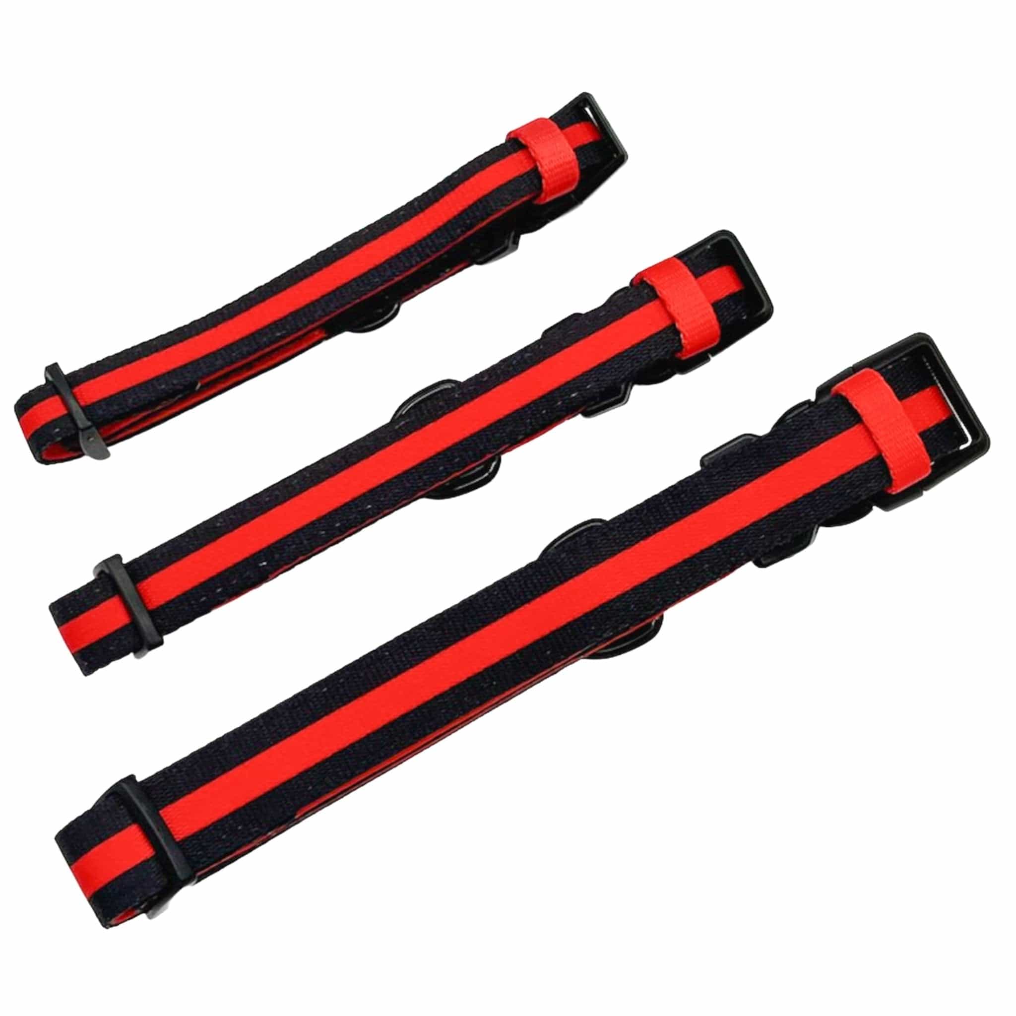 Nylon Dog Collar - black with bold red stripe - Small, Medium and Large laying in a line - against solid white background - Wag Trendz