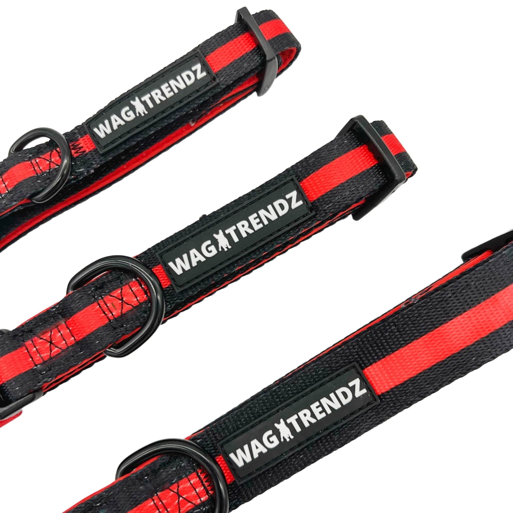 Nylon Dog Collar - black with bold red stripe - Small, Medium and Large laying in a line - against solid white background - Wag Trendz