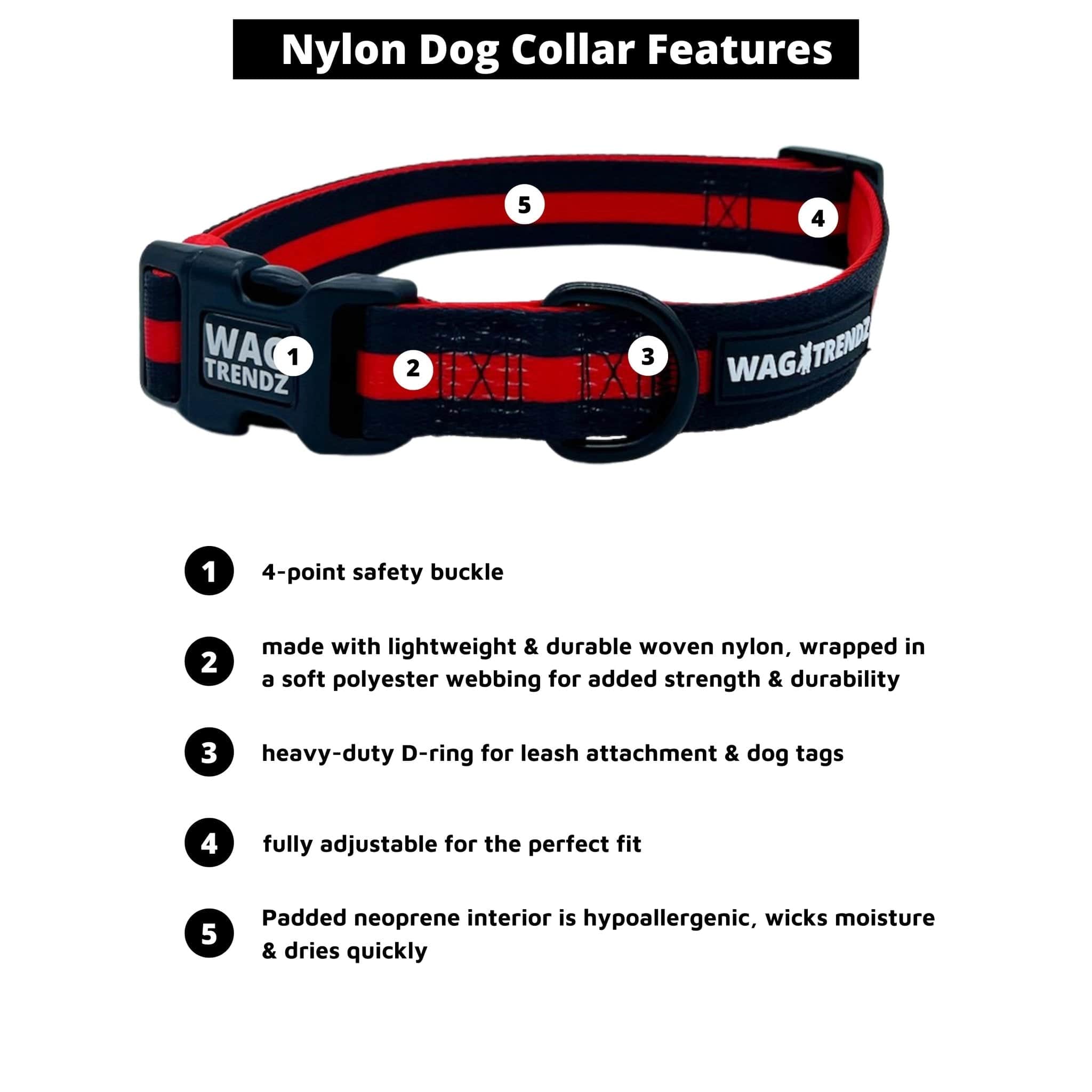 Nylon Dog Collar - black with bold red stripe - product feature captions - Wag Trendz
