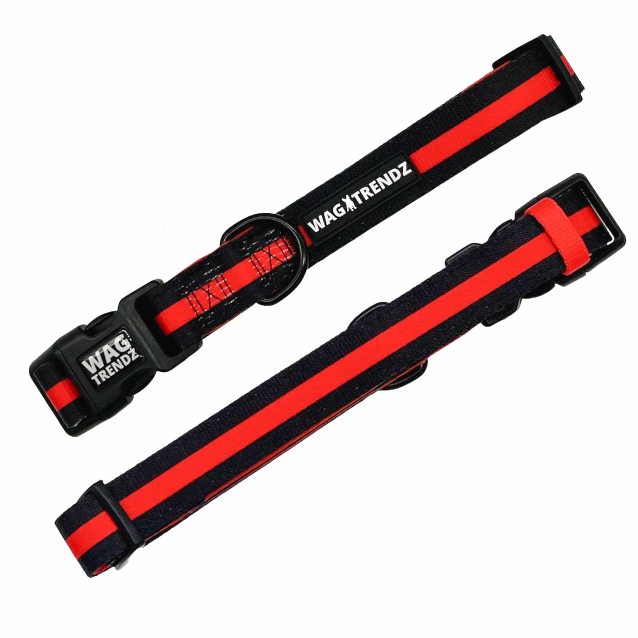 Nylon Dog Collar - black with bold red stripe - front and back view - against solid white background - Wag Trendz