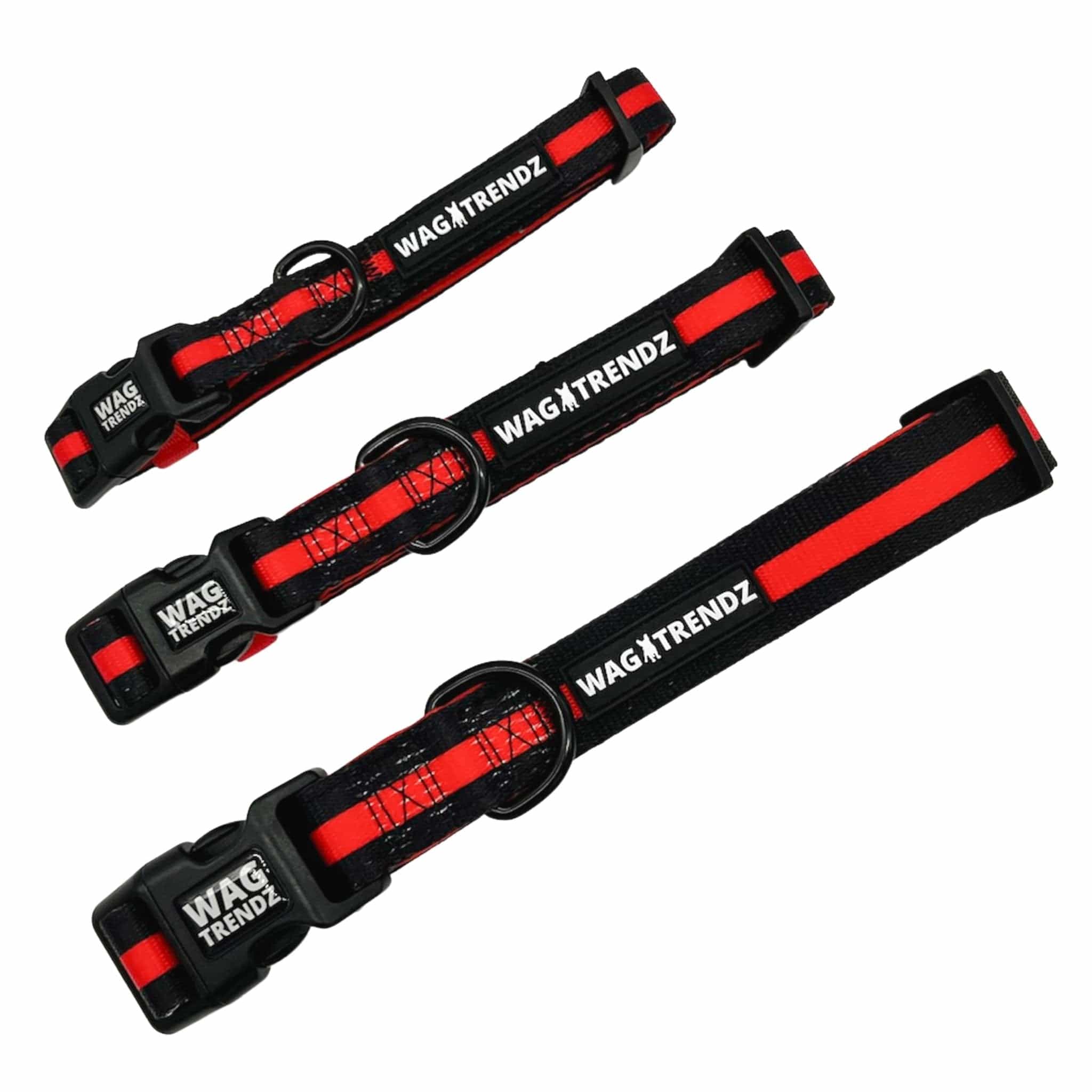 Nylon Dog Collar - black with bold red stripe - Small, Medium and Large laying in a line - against solid white background - Wag Trendz