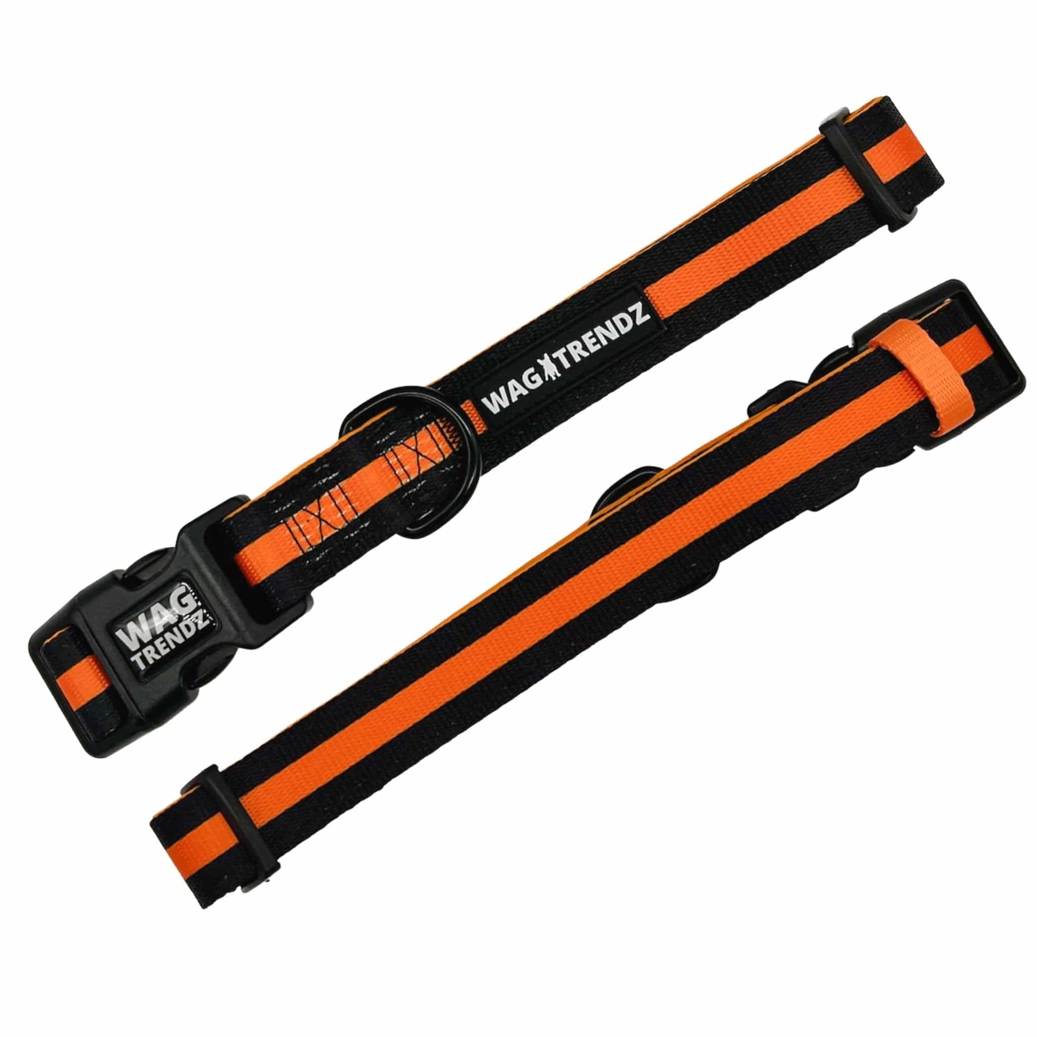 Nylon Dog Collar - black nylon dog collar with bold orange stripe - front and back view - against a solid white background - Wag Trendz