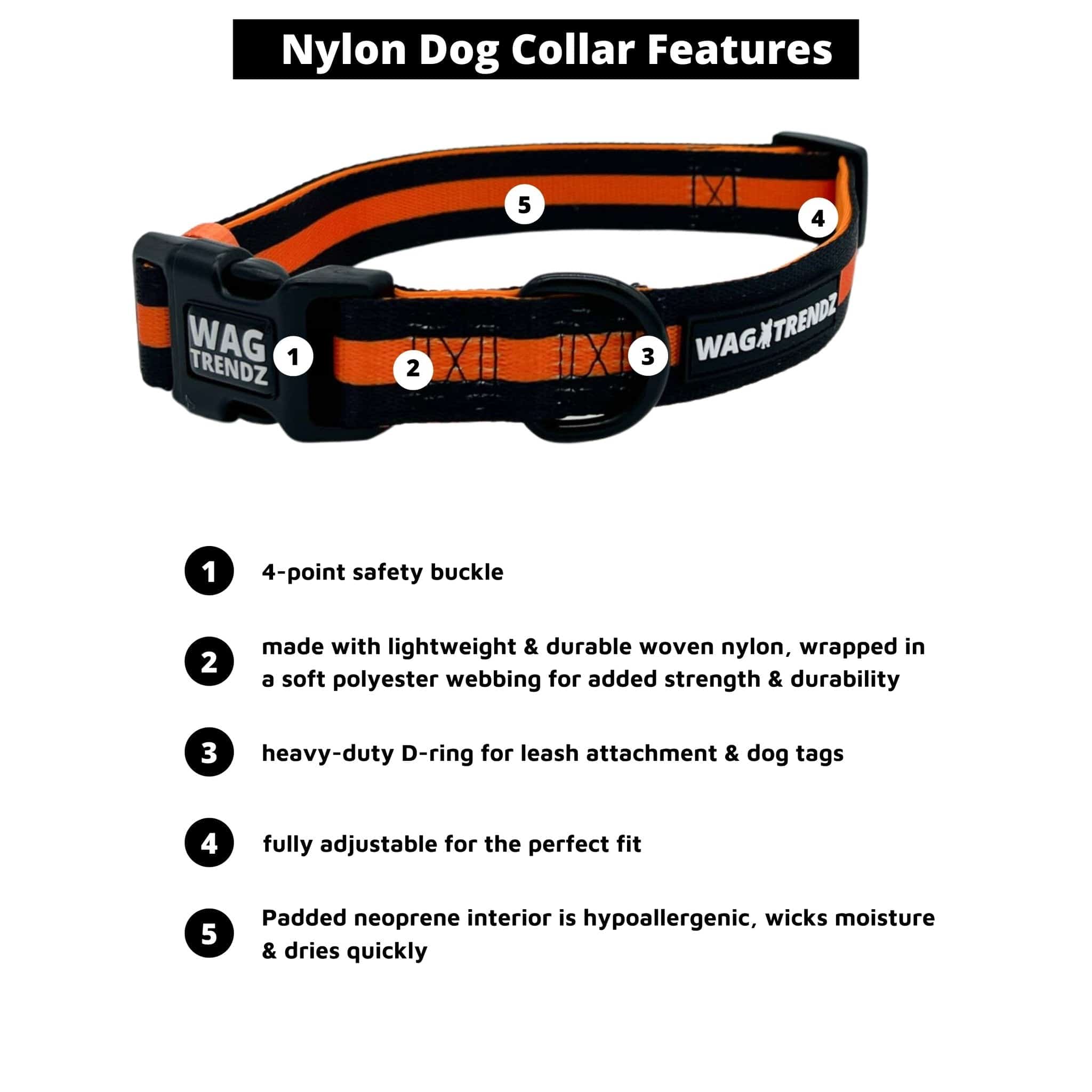 Nylon Dog Collar - Black nylon dog collar with bold orange accents against a white background - with product feature captions - Wag Trendz