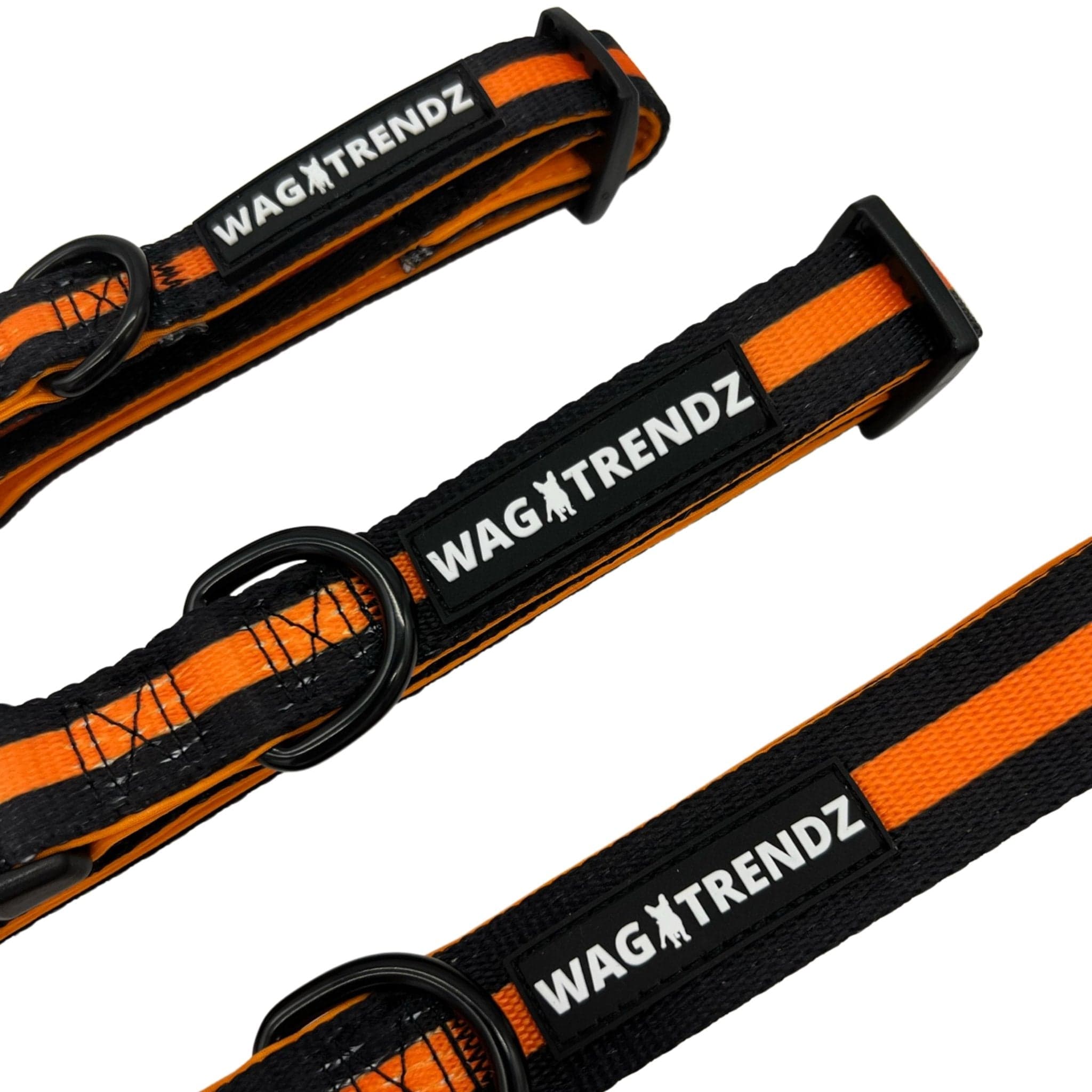 Nylon Dog Collar - 3 black nylon dog collars with bold orange stripe - small, medium and large laying in a line - against a solid white background - Wag Trendz