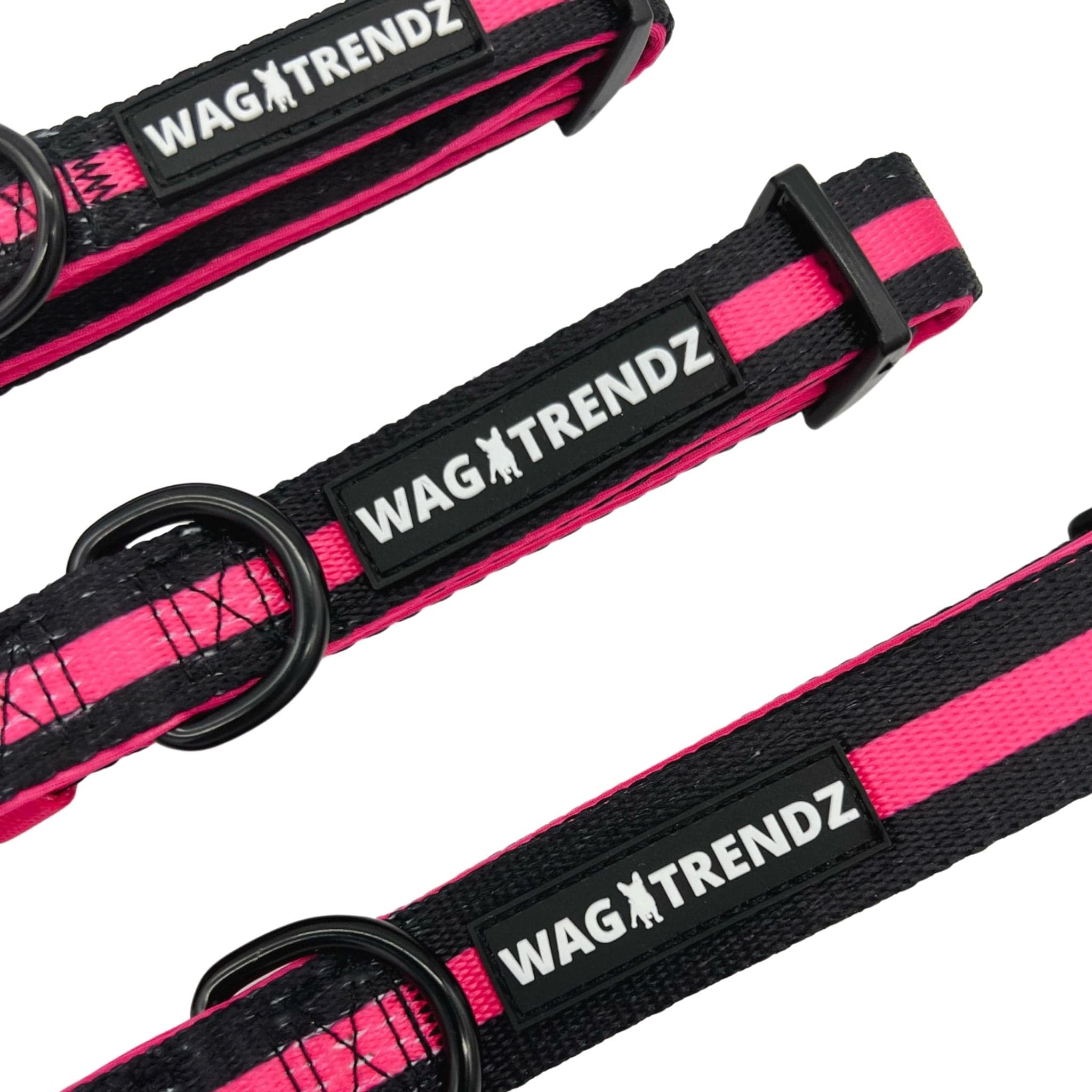 Nylon Dog Collar - Hot Pink - Small Medium and Large Nylon Dog Collars black with bold pink stripe -against solid white background - Wag Trendz